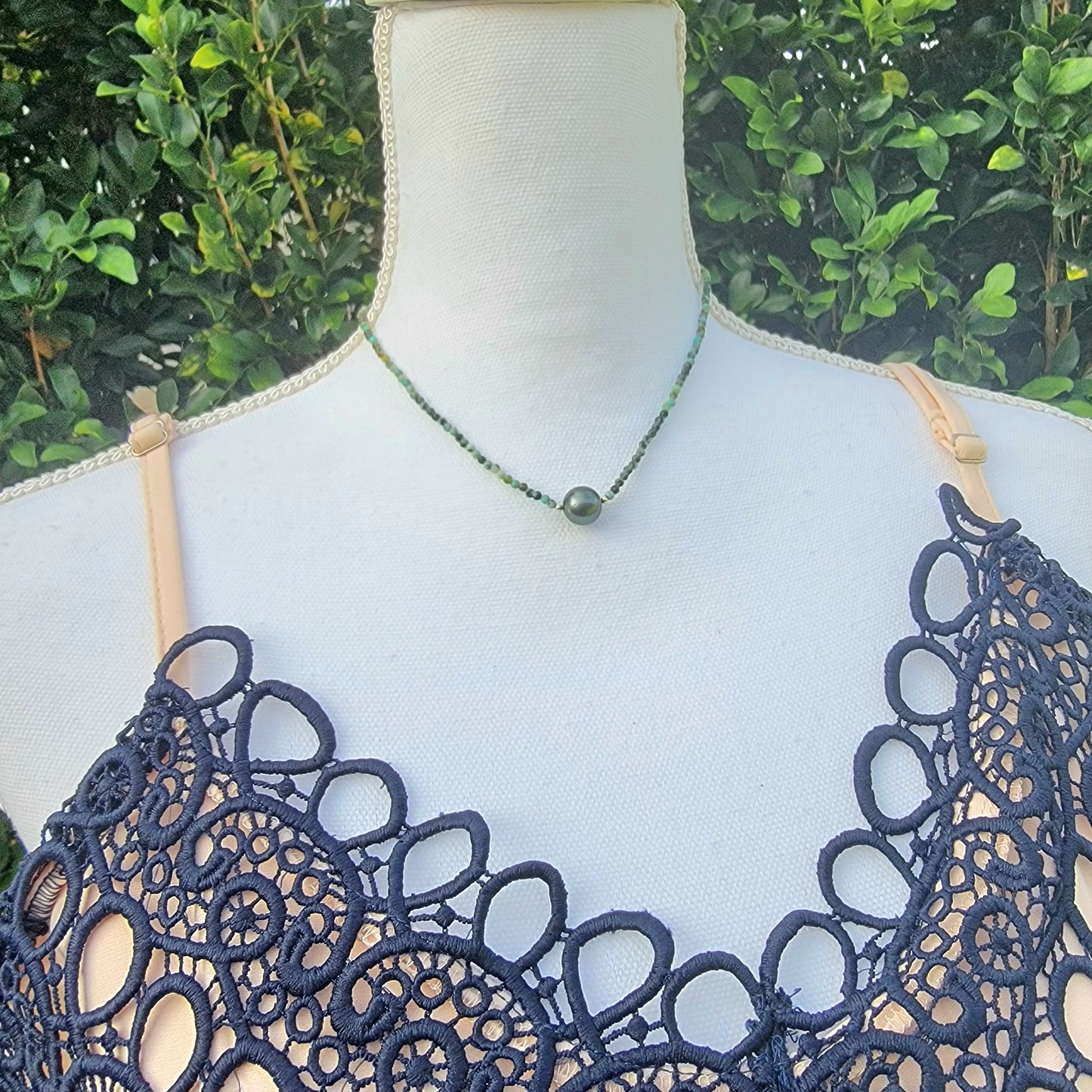 Tahitian Pearl Necklace Choker with genuine real African Turquiose gemstone crystals, black south sea pearl