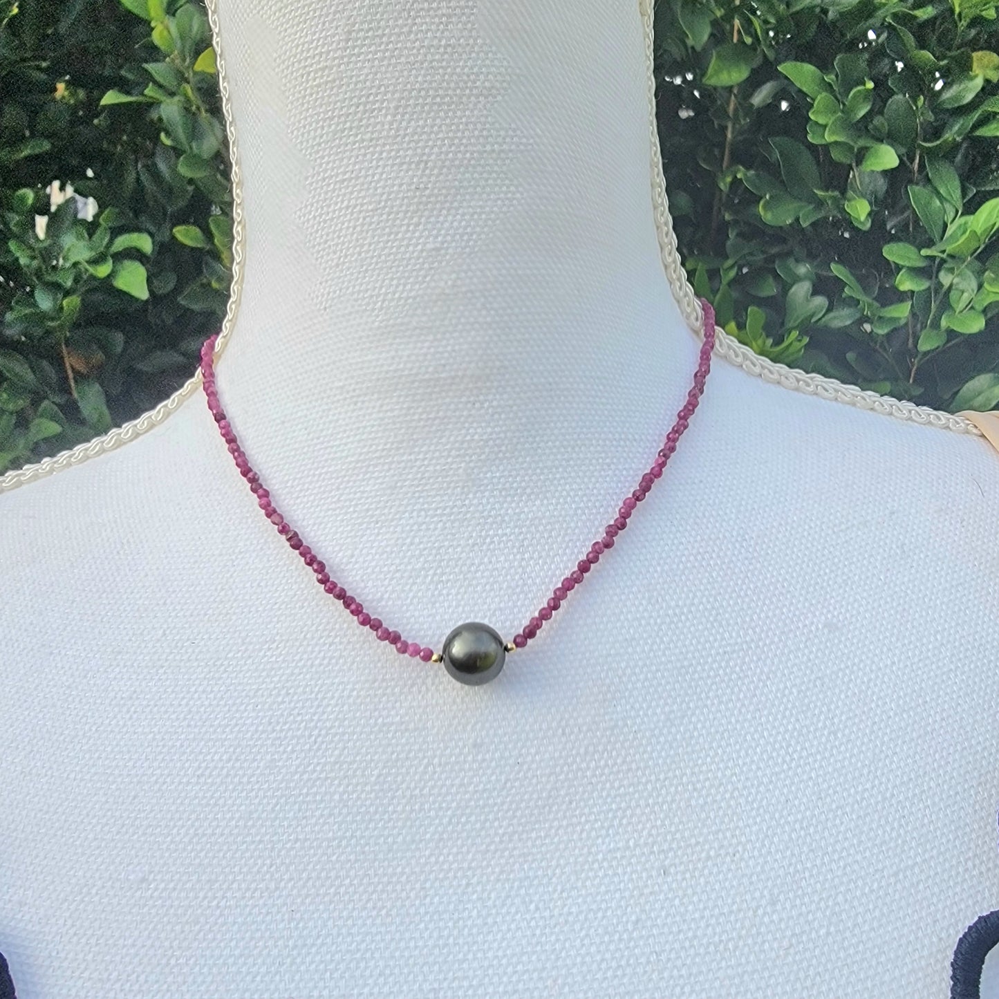 Tahitian Pearl Necklace Choker with genuine real ruby gemstone crystals, black south sea pearl