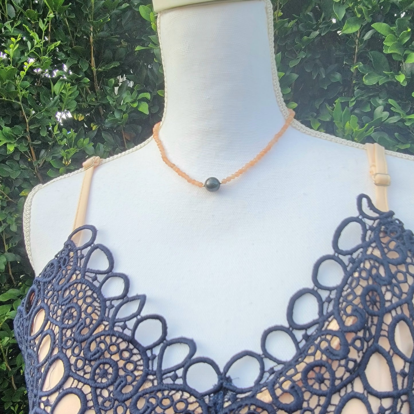 Tahitian Pearl Necklace Choker with genuine sunstone gemstone crystals, black south sea pearl
