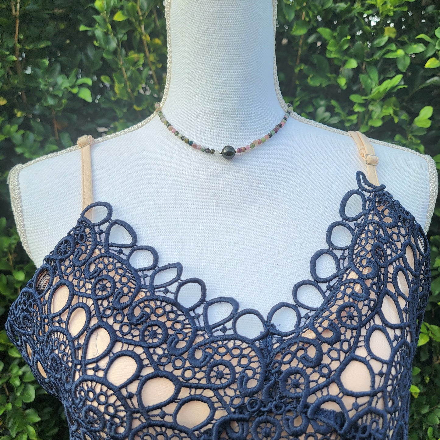 Tahitian Pearl Necklace Choker with genuine tourmaline gemstone crystals, black south sea pearl