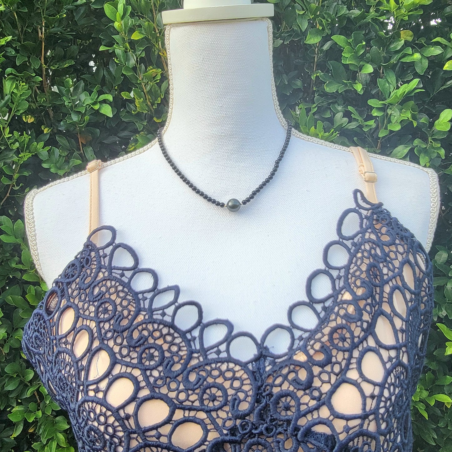 Tahitian Pearl Necklace Choker with genuine real black onyx gemstone crystals, black south sea pearl