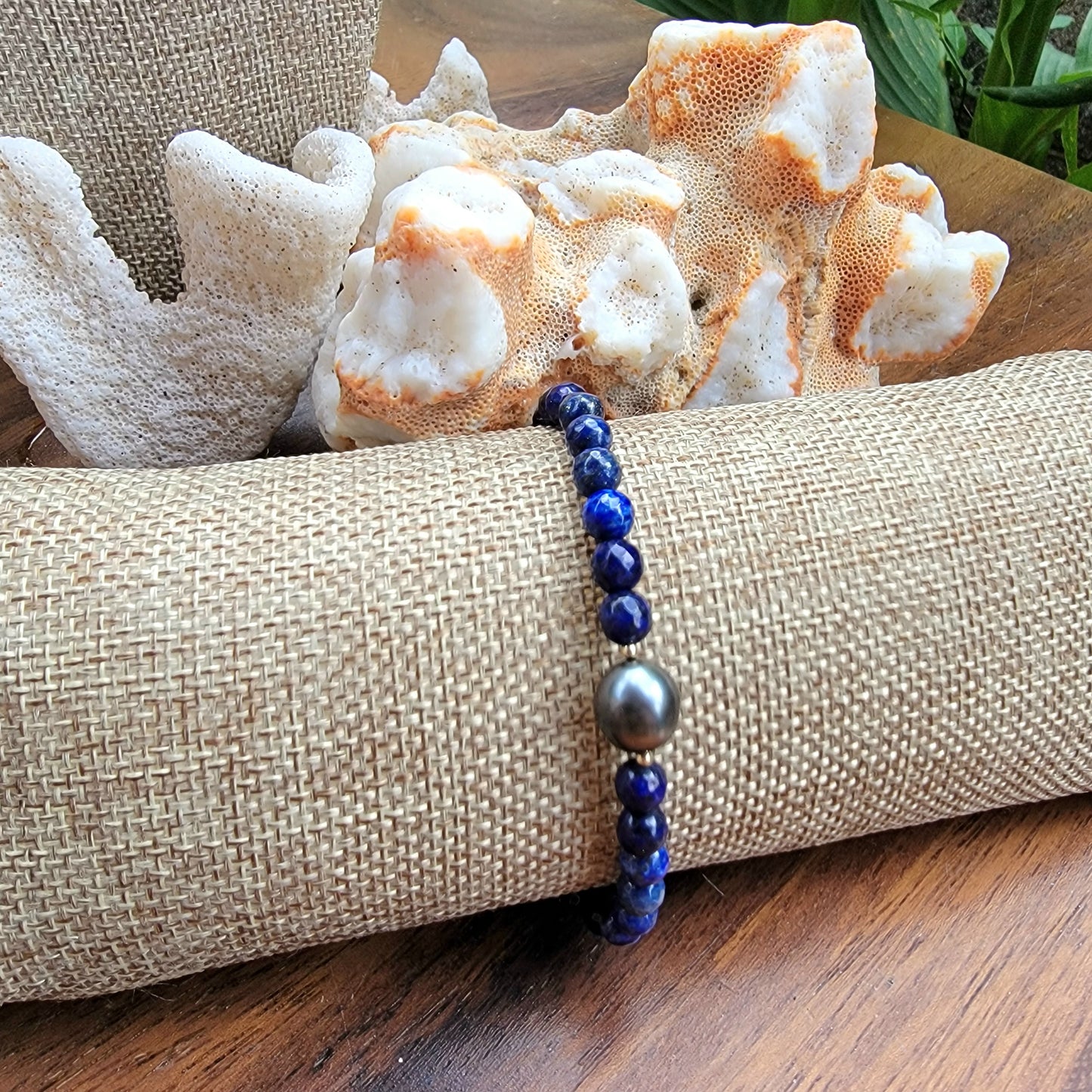 Tahitian Pearl Bracelet with genuine real lapis lazuli gemstones crystals, black south sea pearl