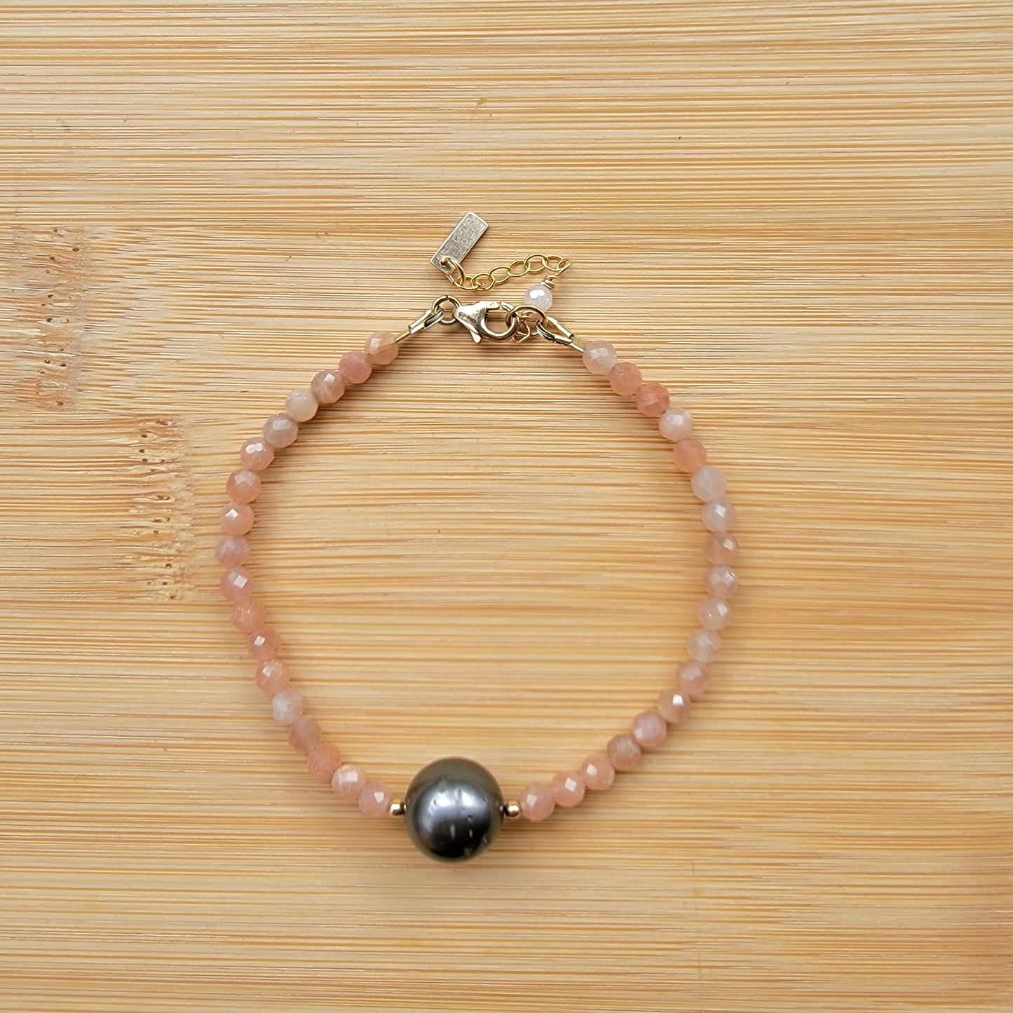 Tahitian Pearl Bracelet with genuine real sunstone gemstones crystals, black south sea pearl