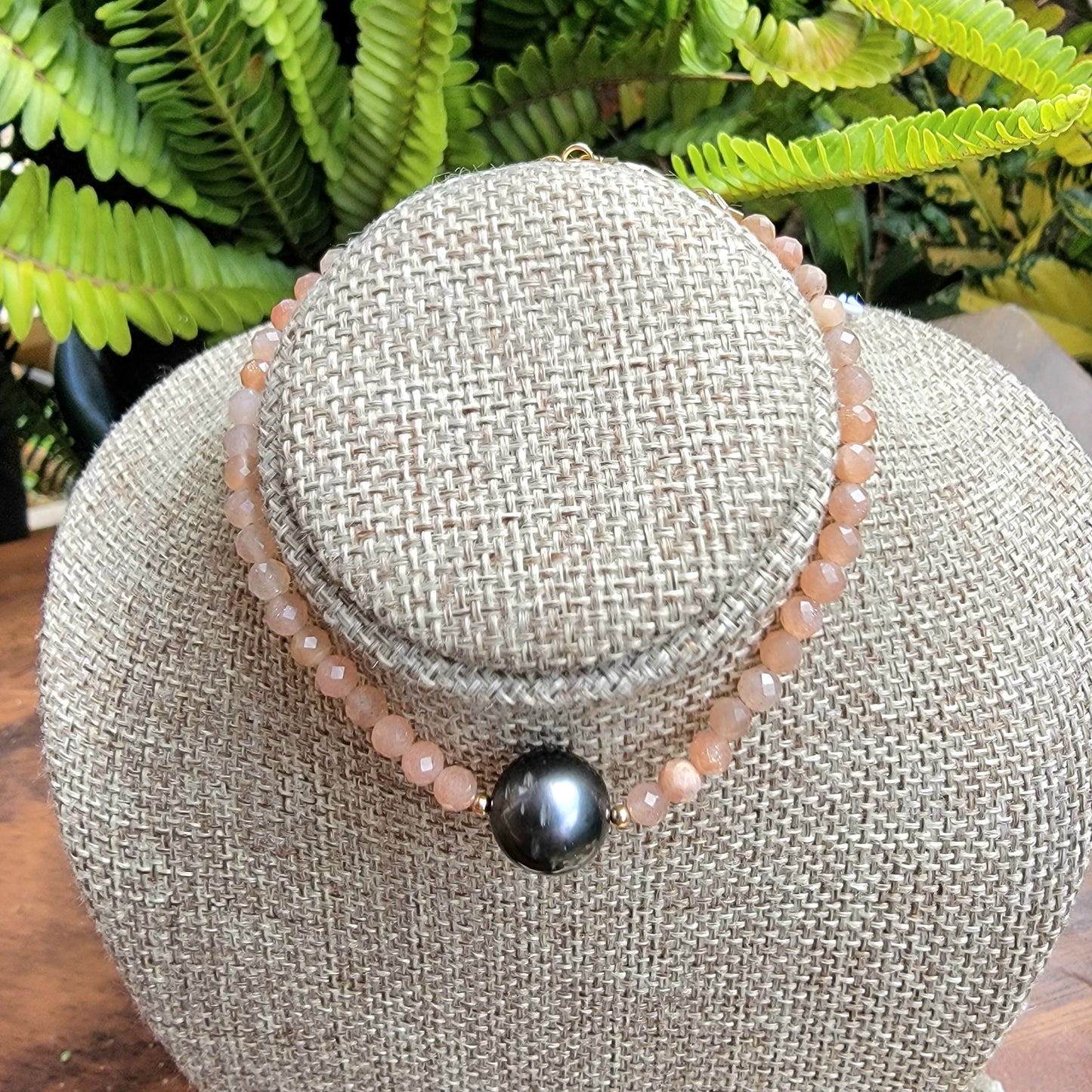 Tahitian Pearl Bracelet with genuine real sunstone gemstones crystals, black south sea pearl