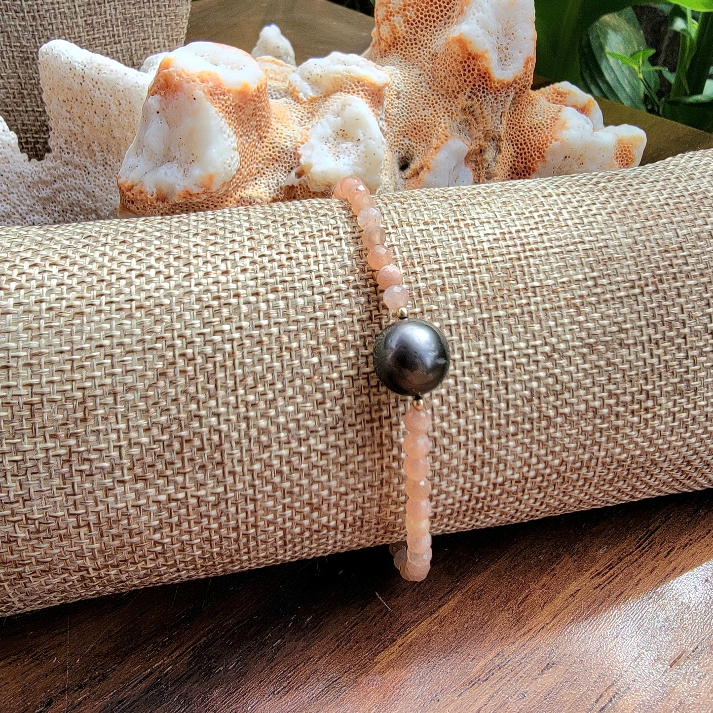 Tahitian Pearl Bracelet with genuine real sunstone gemstones crystals, black south sea pearl