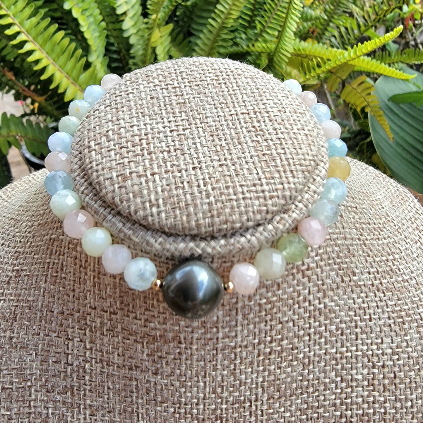 Tahitian Pearl Bracelet with genuine real morganite gemstone crystals, black south sea pearl