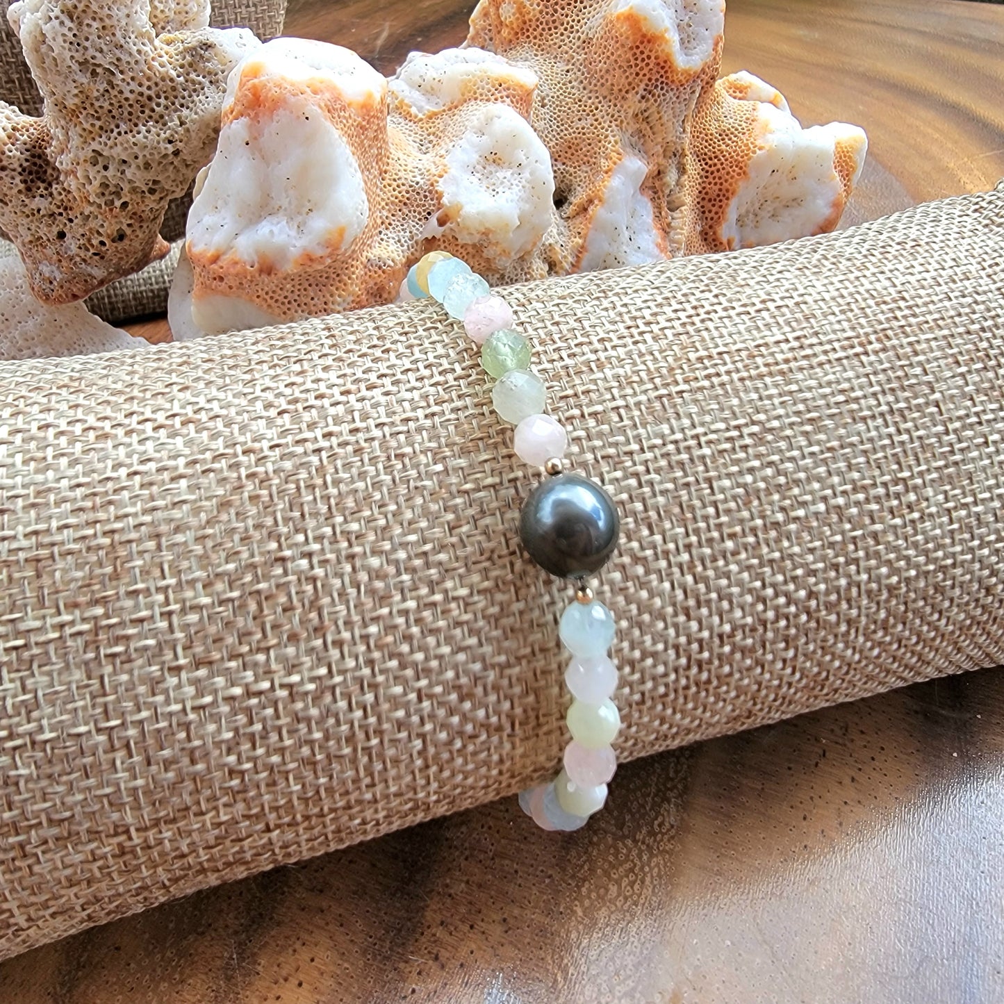Tahitian Pearl Bracelet with genuine real morganite gemstone crystals, black south sea pearl