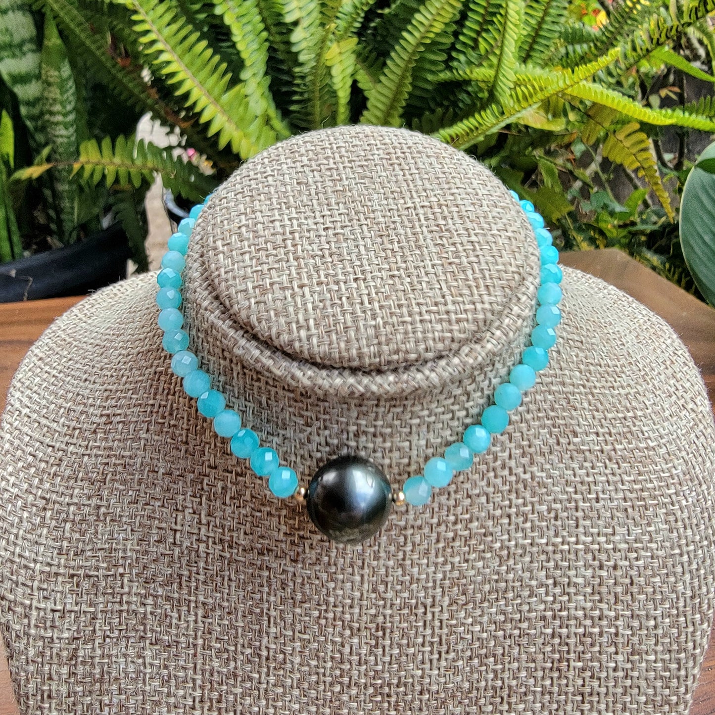 Tahitian Pearl Bracelet with genuine real Amazonite gemstone crystals, black south sea pearl