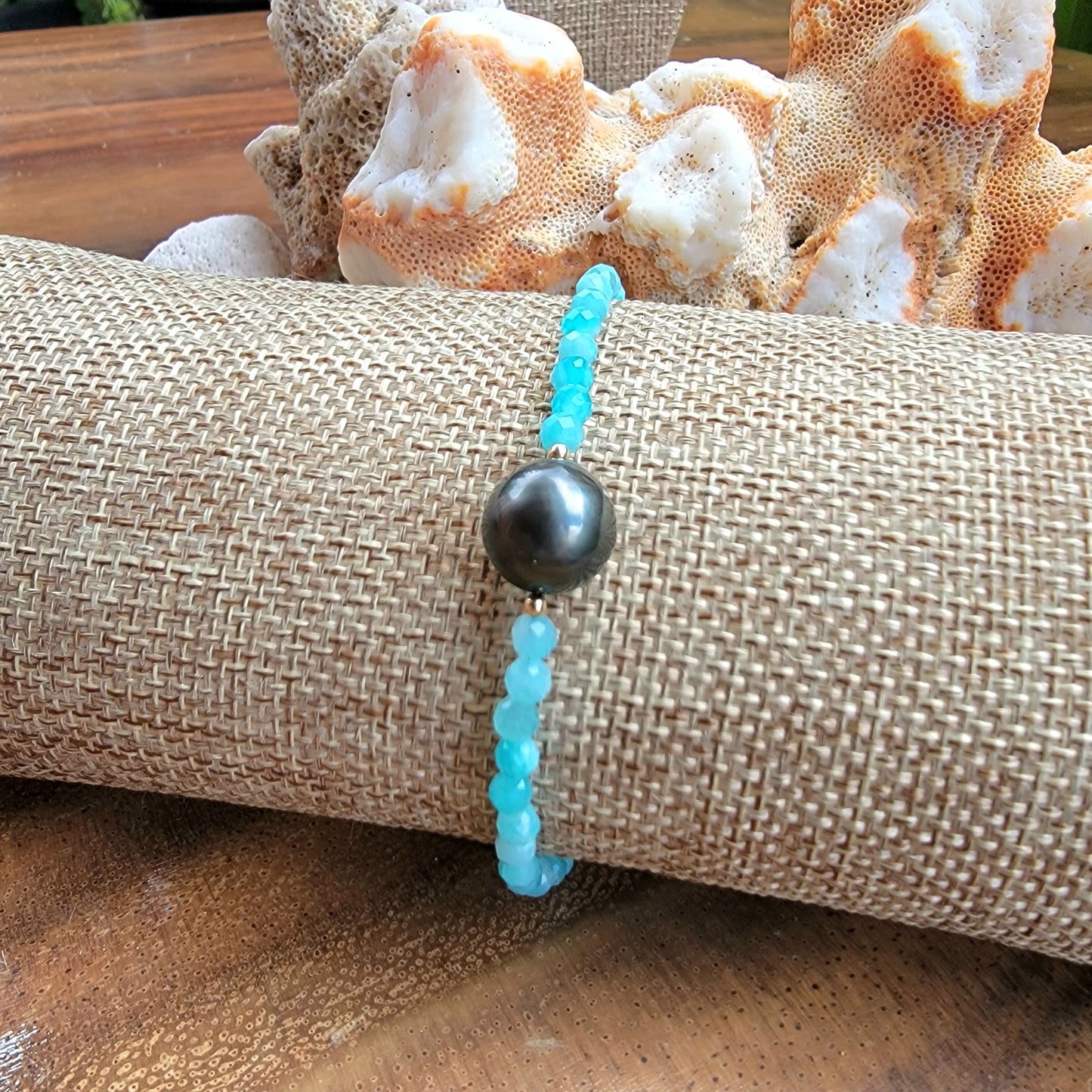 Tahitian Pearl Bracelet with genuine real Amazonite gemstone crystals, black south sea pearl