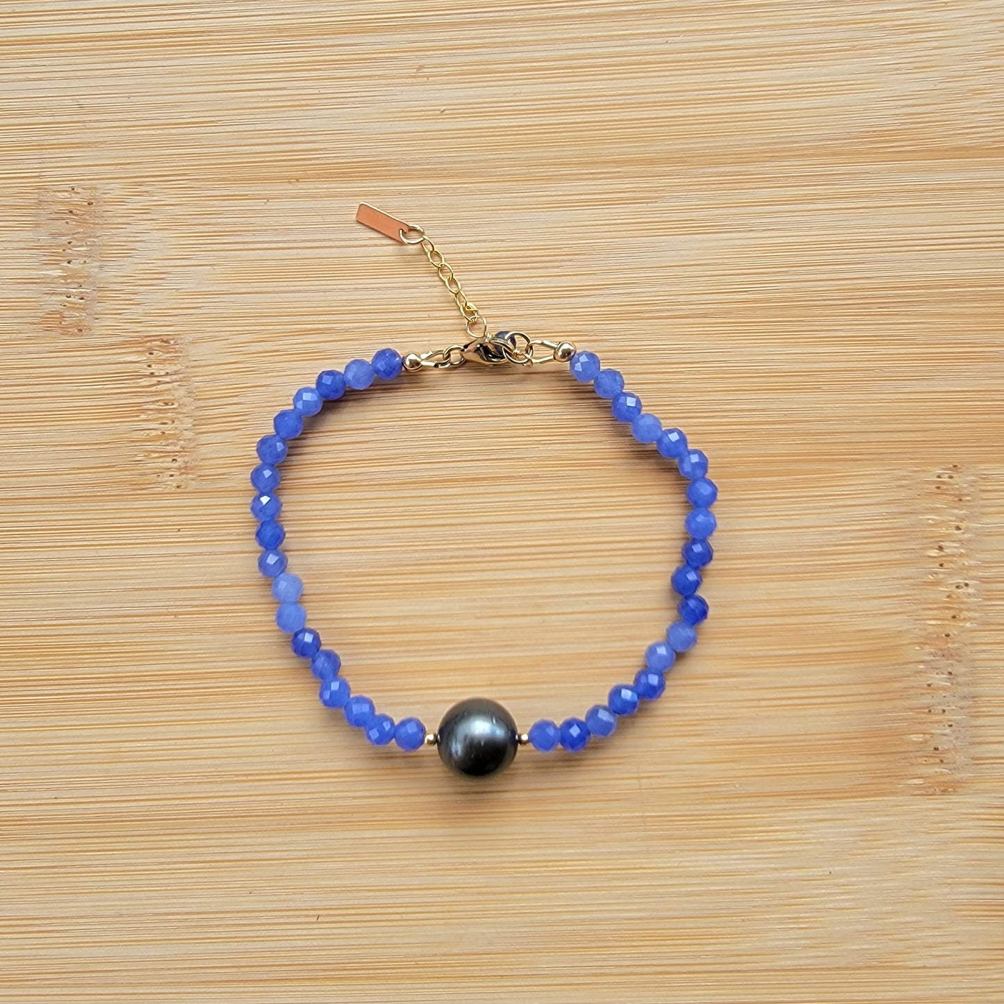Tahitian Pearl Bracelet with genuine real blue chalcedony gemstone crystals, black south sea pearl