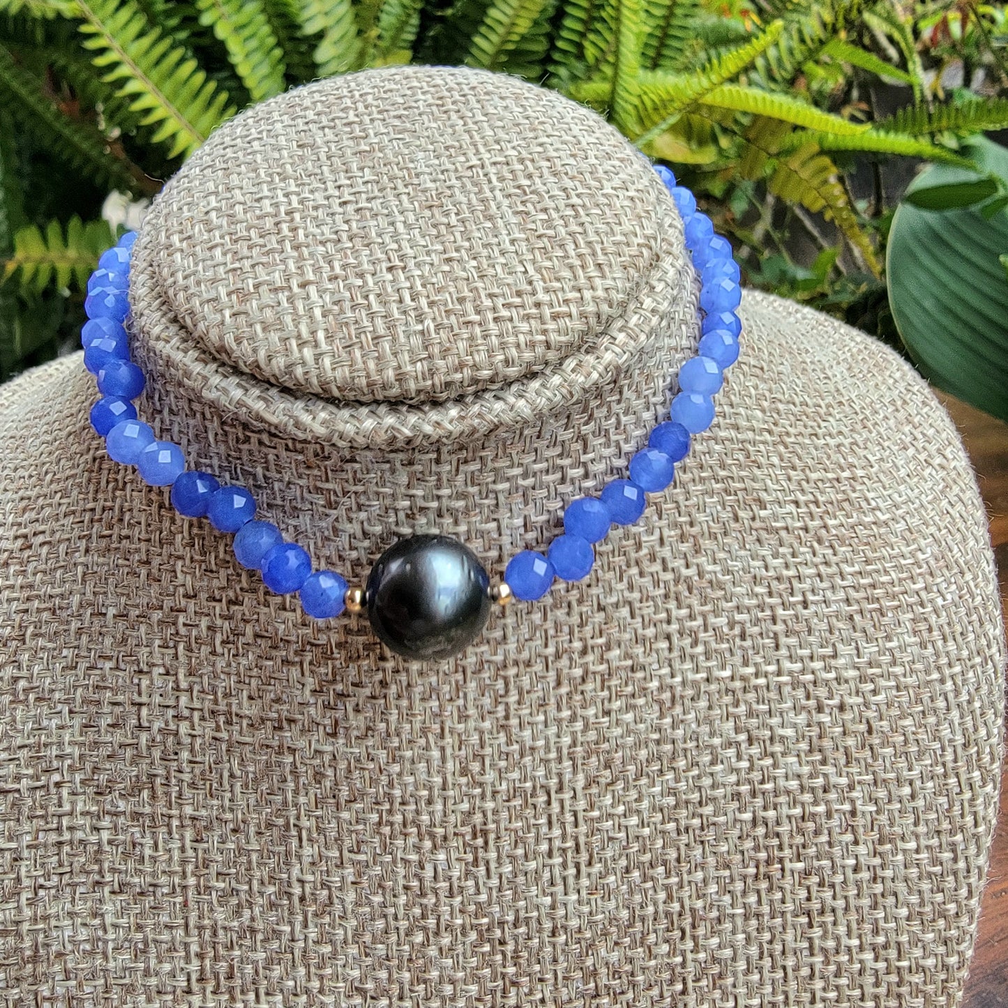 Tahitian Pearl Bracelet with genuine real blue chalcedony gemstone crystals, black south sea pearl