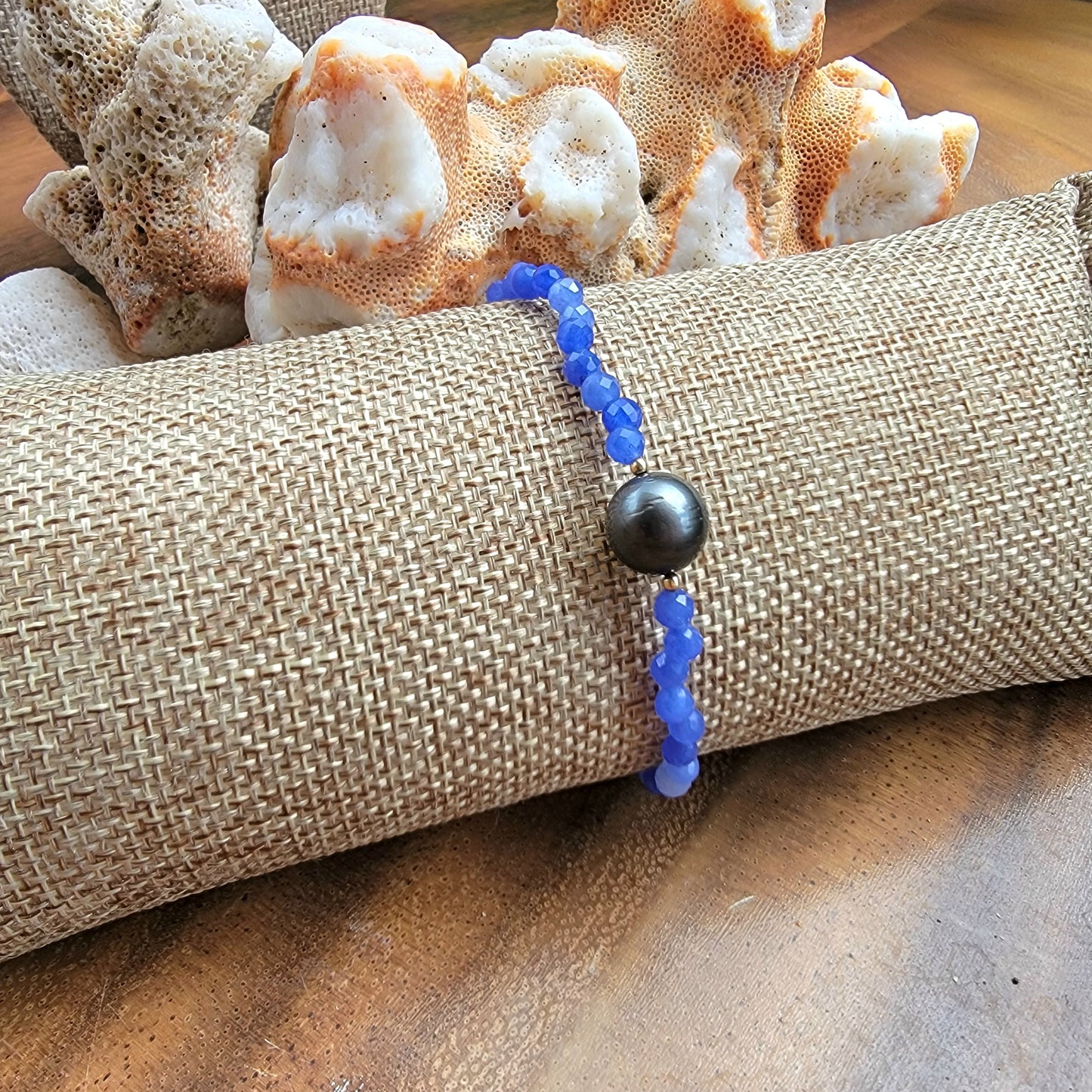 Tahitian Pearl Bracelet with genuine real blue chalcedony gemstone crystals, black south sea pearl