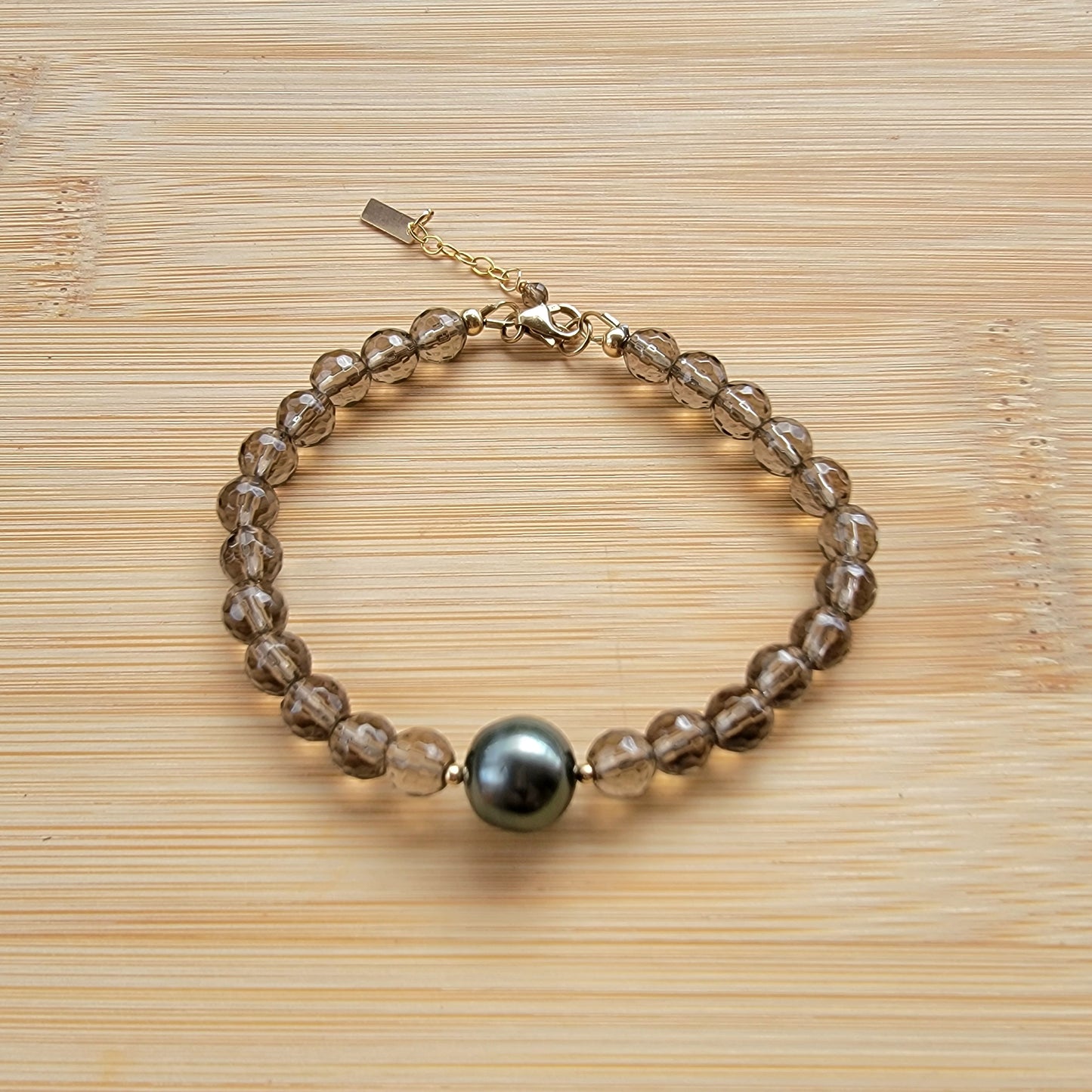 Tahitian Pearl Bracelet with genuine real blue smoky quartz gemstone crystals, black south sea pearl