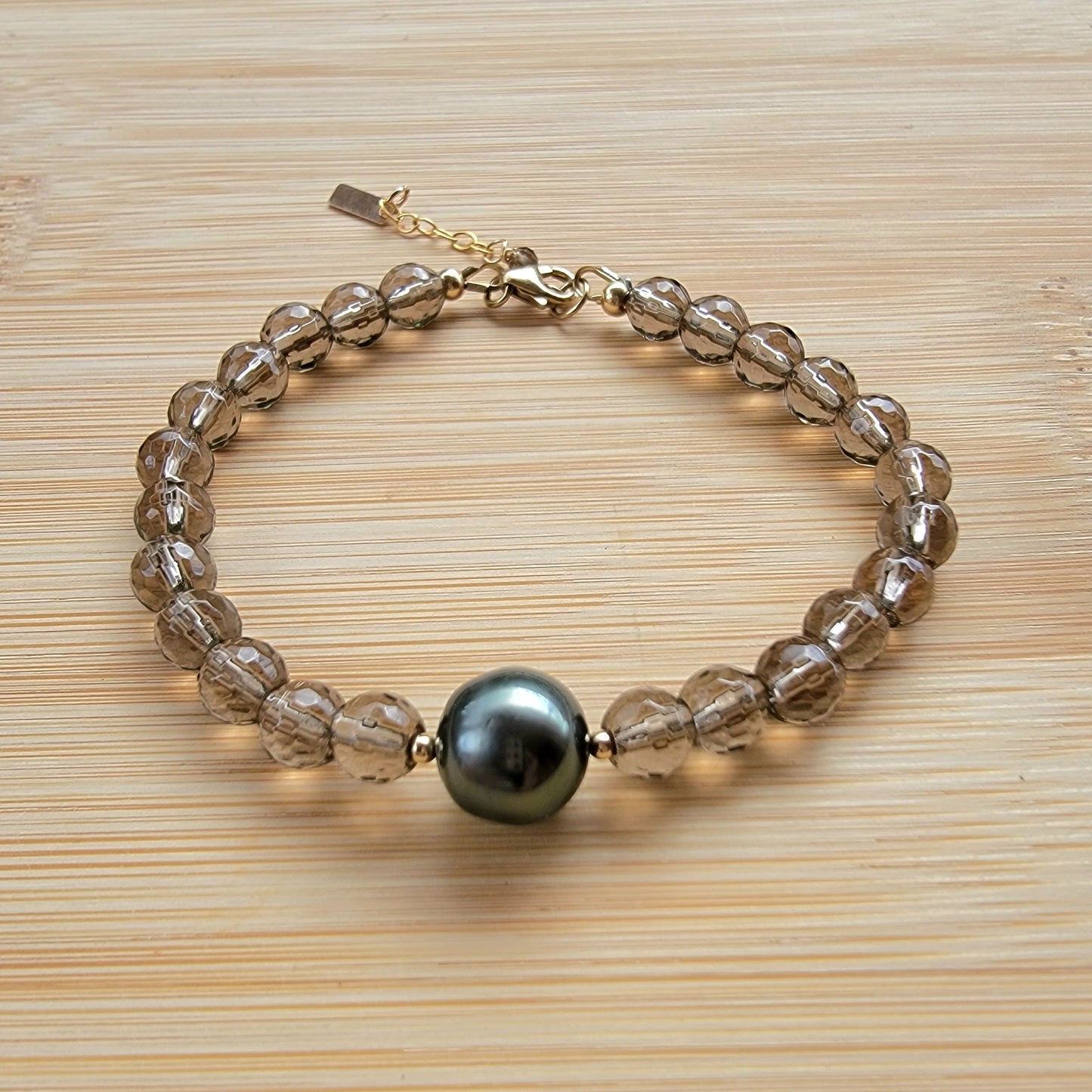 Tahitian Pearl Bracelet with genuine real blue smoky quartz gemstone crystals, black south sea pearl