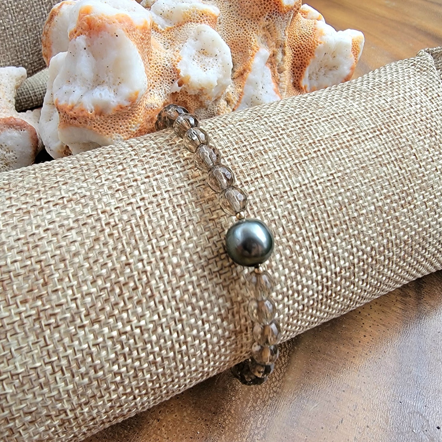 Tahitian Pearl Bracelet with genuine real blue smoky quartz gemstone crystals, black south sea pearl