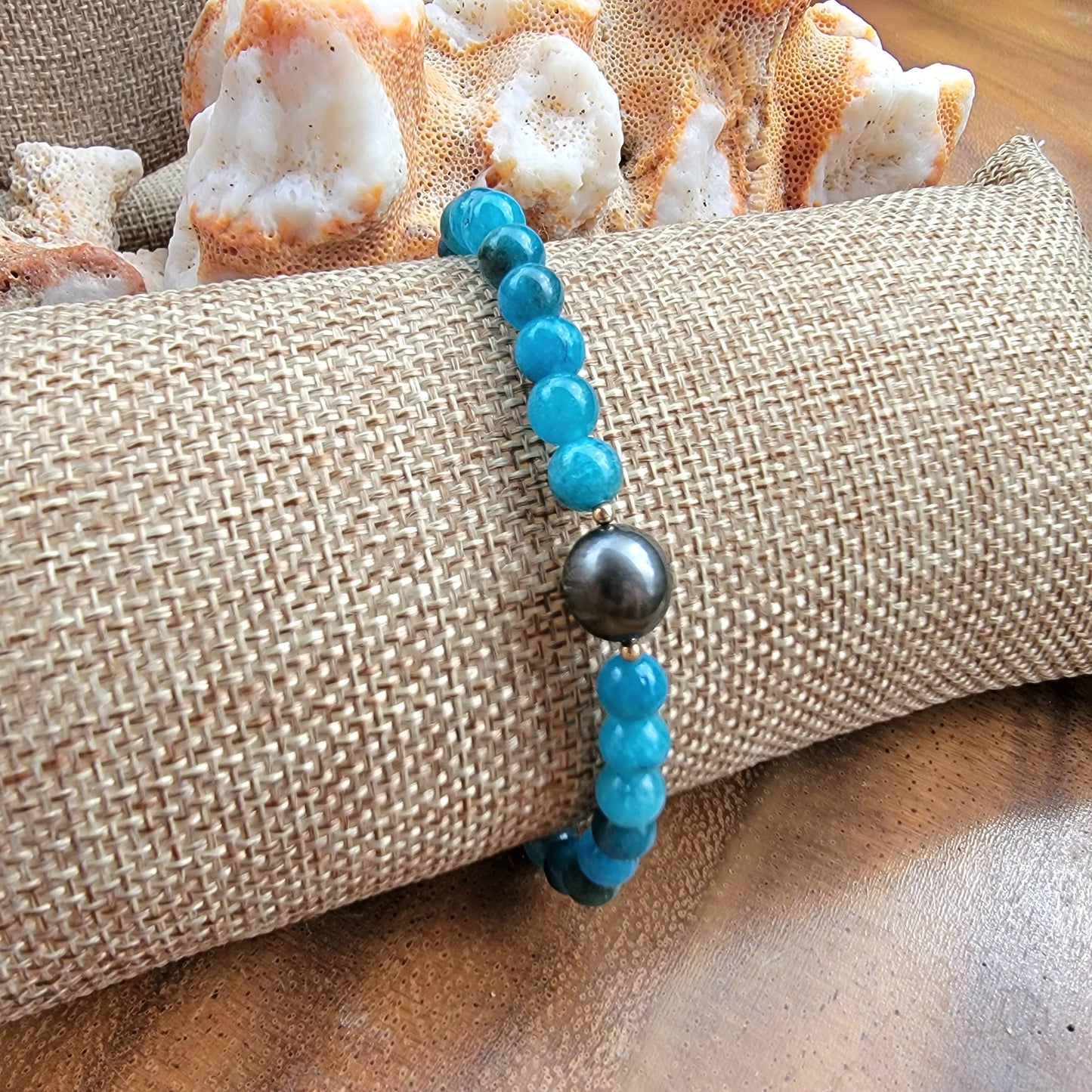 Tahitian Pearl Bracelet with genuine real blue apatite gemstone crystals, black south sea pearl