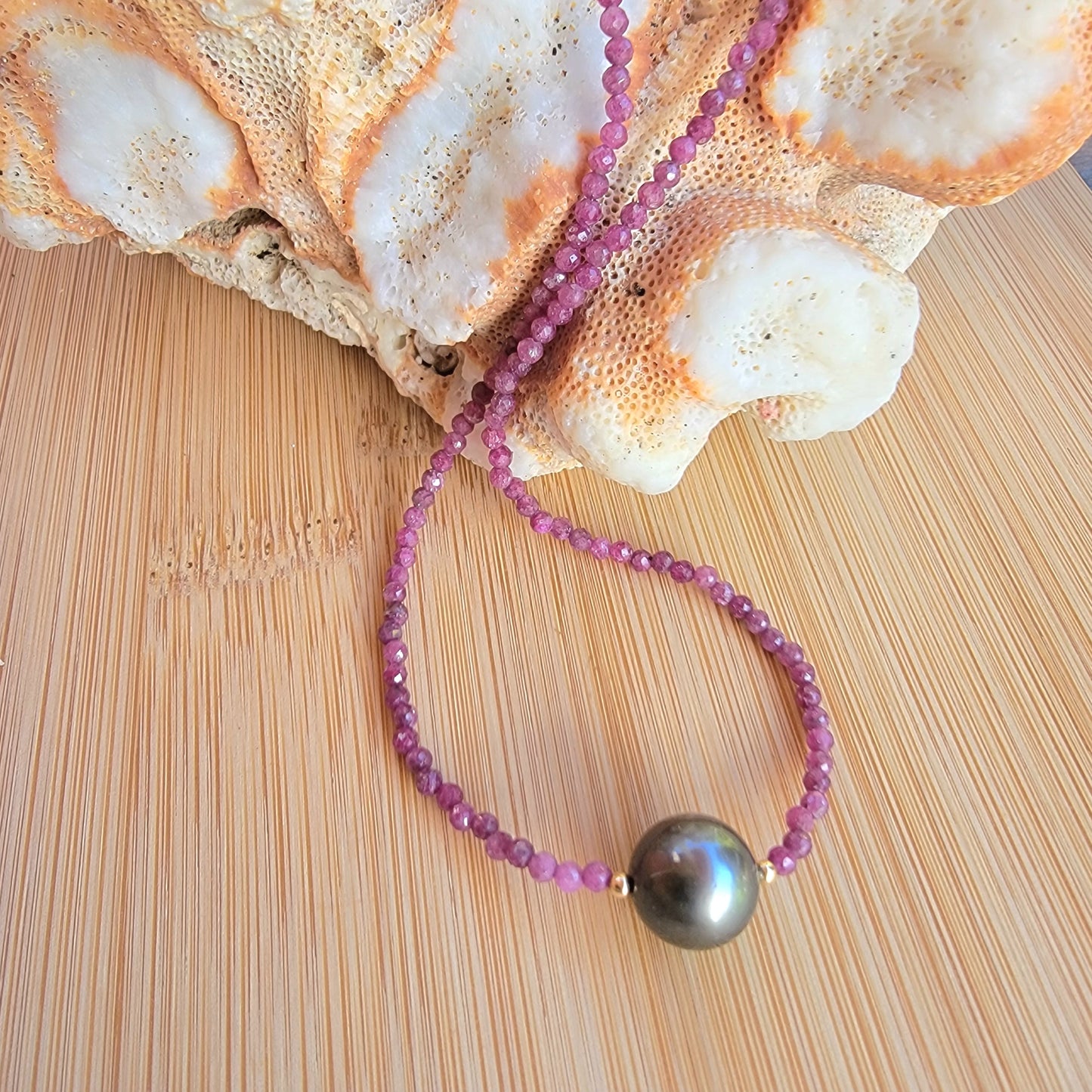 Tahitian Pearl Necklace Choker with genuine real ruby gemstone crystals, black south sea pearl