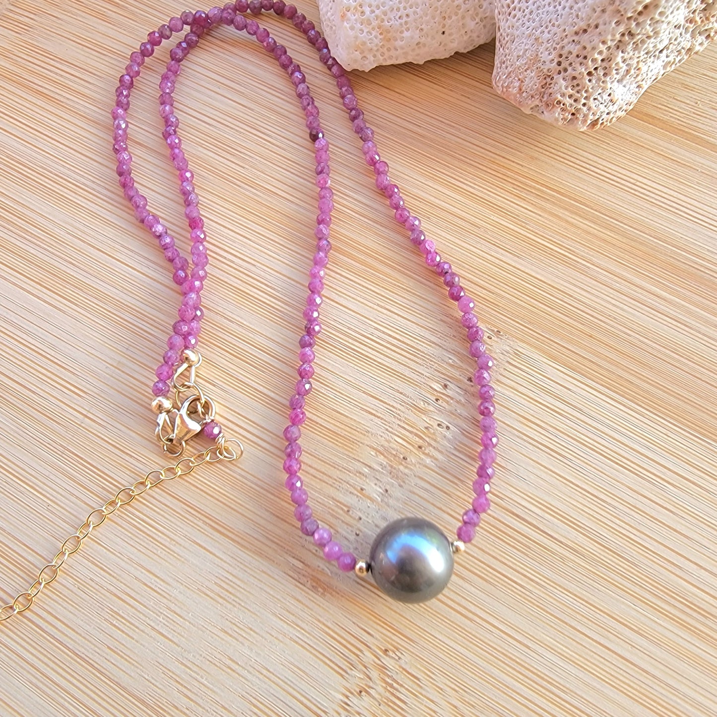 Tahitian Pearl Necklace Choker with genuine real ruby gemstone crystals, black south sea pearl