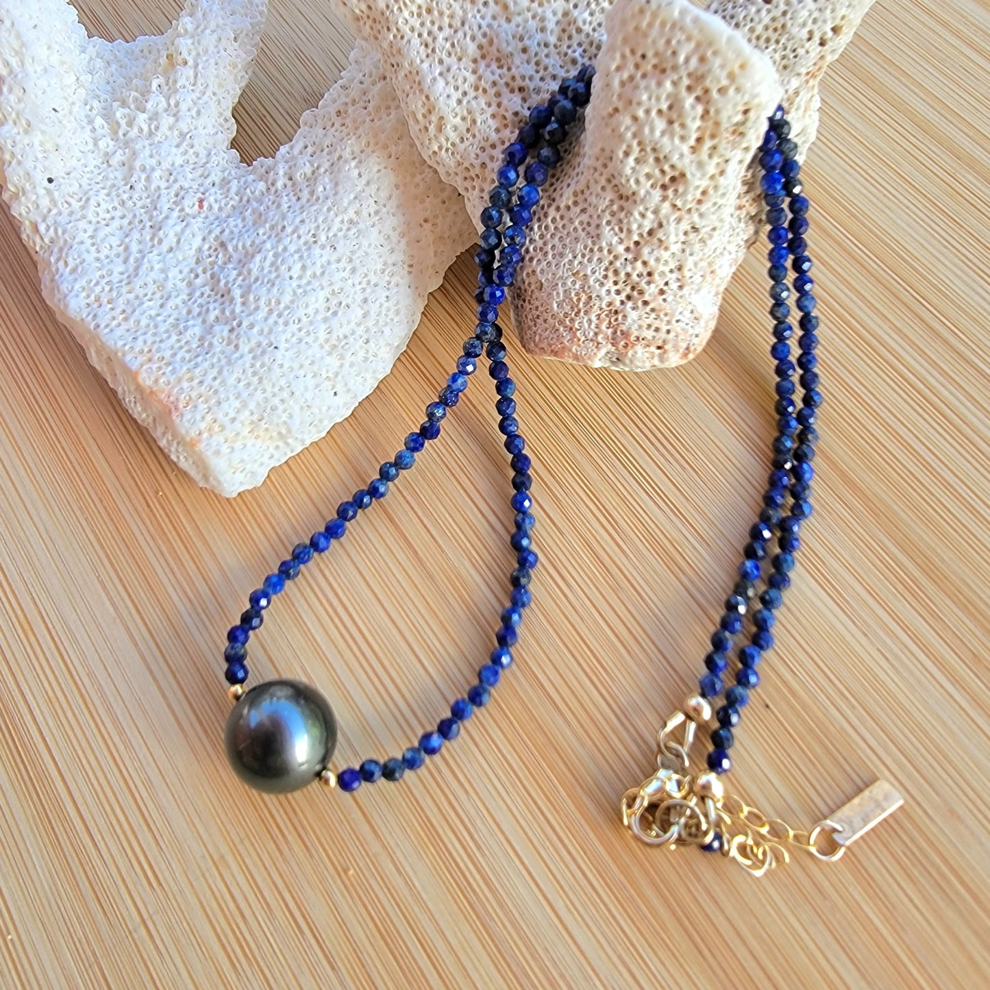 Tahitian Pearl Necklace Choker with genuine real lapis lazuli gemstone crystals, black south sea pearl