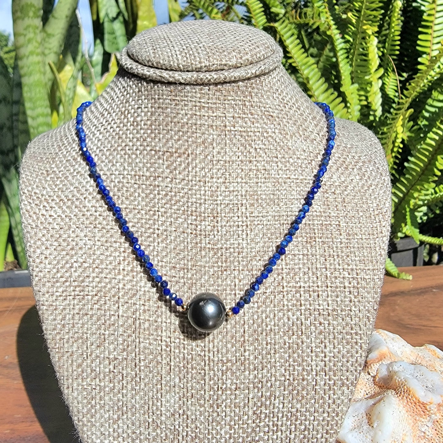 Tahitian Pearl Necklace Choker with genuine real lapis lazuli gemstone crystals, black south sea pearl