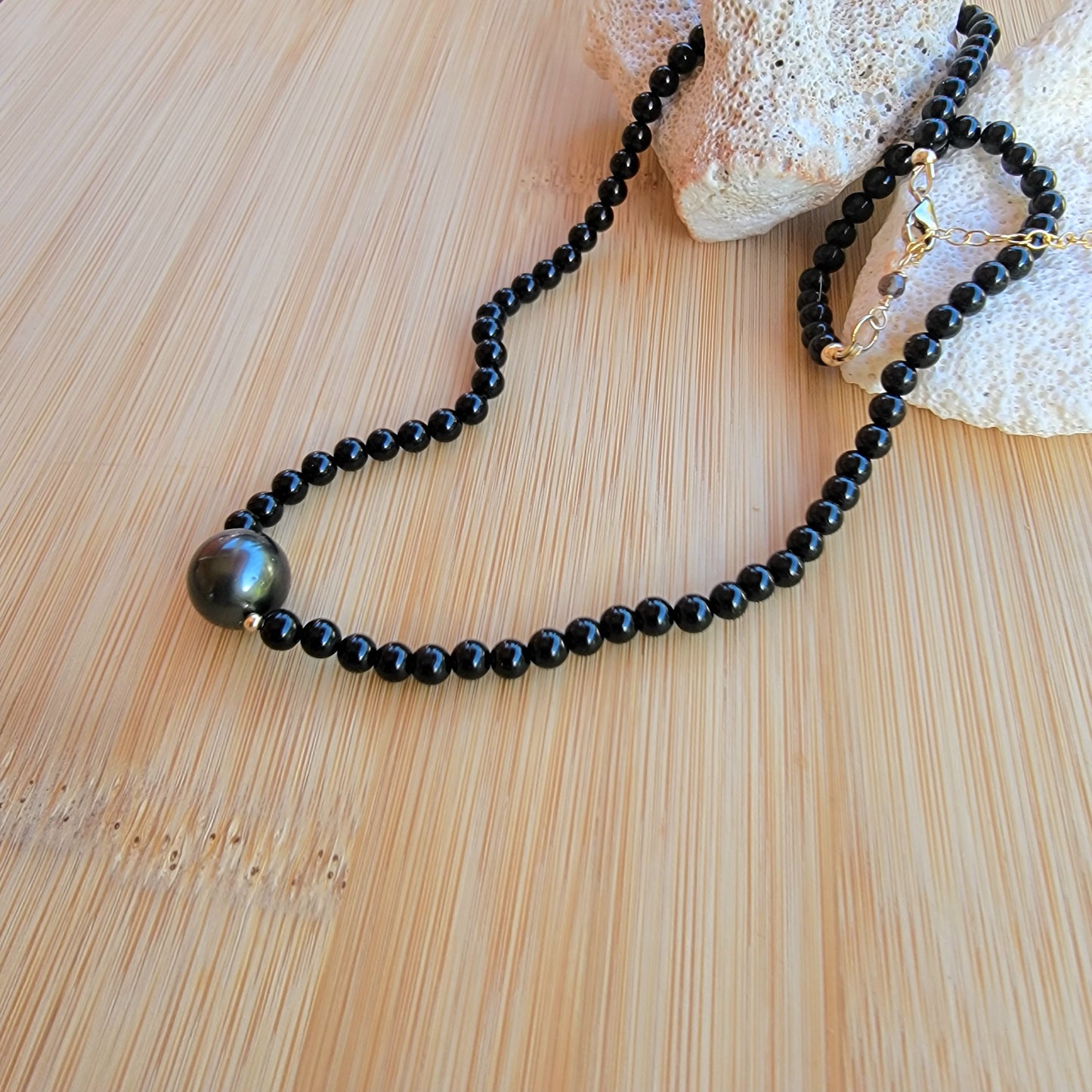 Tahitian Pearl Necklace Choker with genuine real black onyx gemstone crystals, black south sea pearl