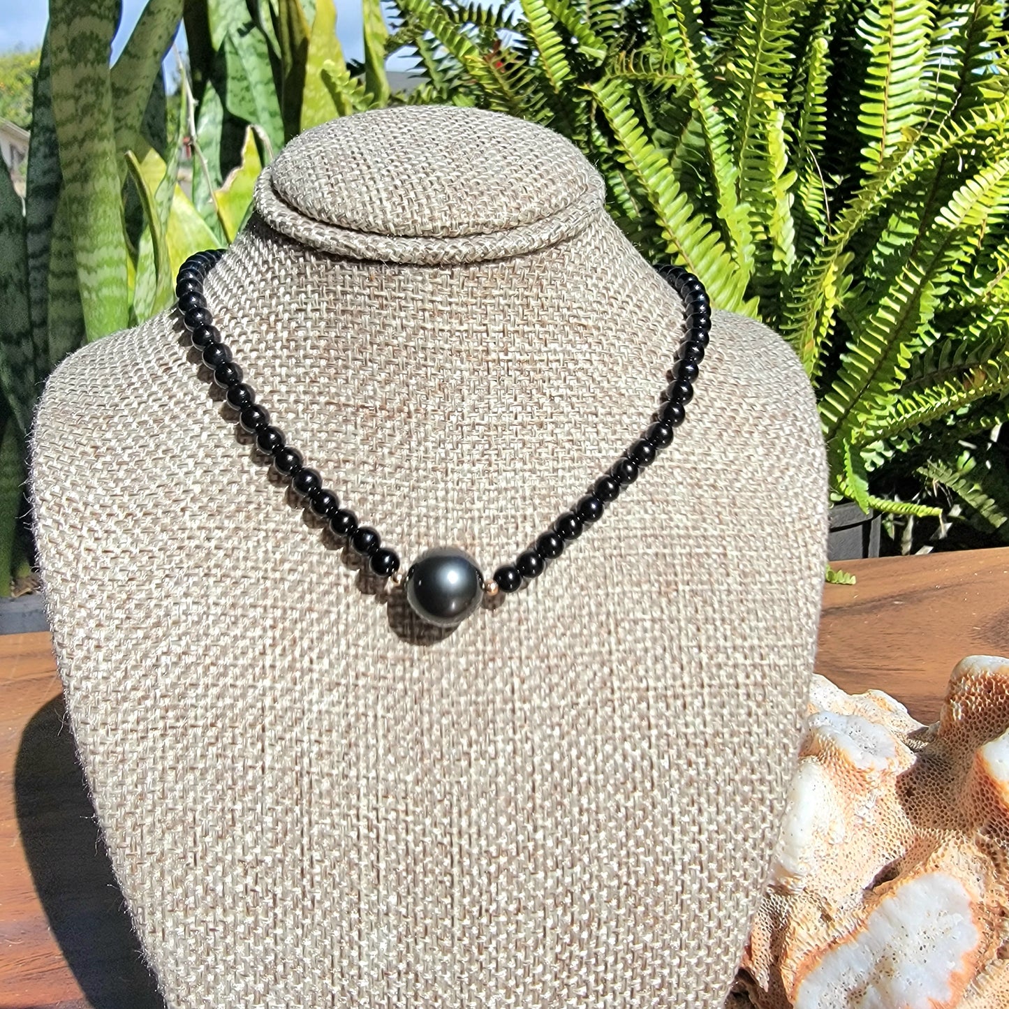 Tahitian Pearl Necklace Choker with genuine real black onyx gemstone crystals, black south sea pearl