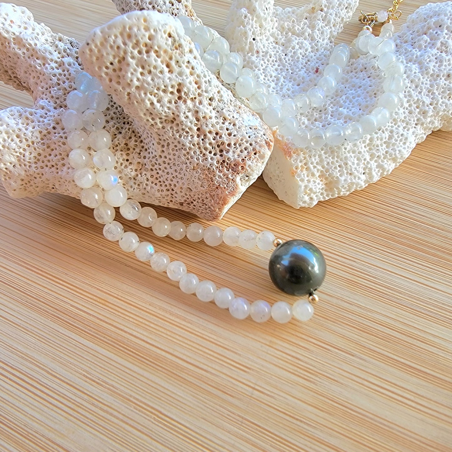 Tahitian Pearl Necklace Choker with genuine rainbow moonstone gemstone crystals, black south sea pearl