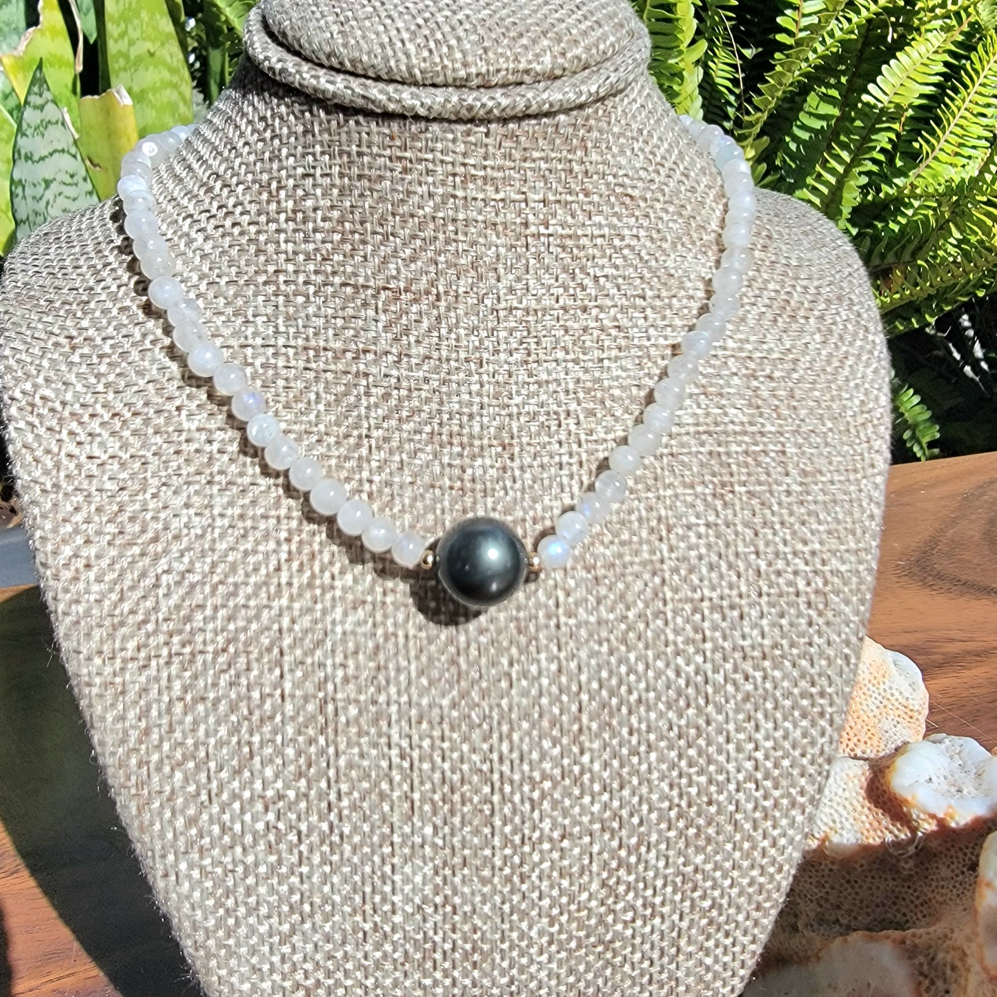 Tahitian Pearl Necklace Choker with genuine rainbow moonstone gemstone crystals, black south sea pearl