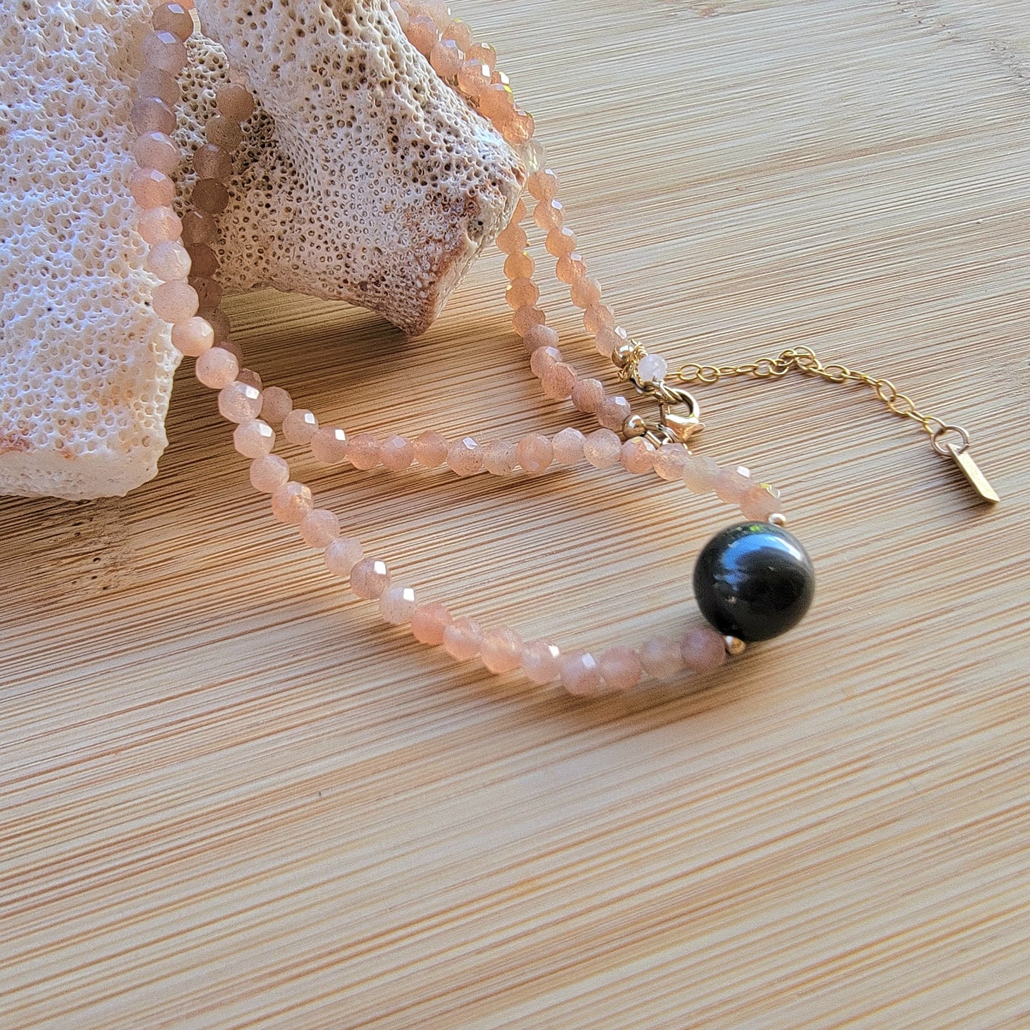 Tahitian Pearl Necklace Choker with genuine sunstone gemstone crystals, black south sea pearl