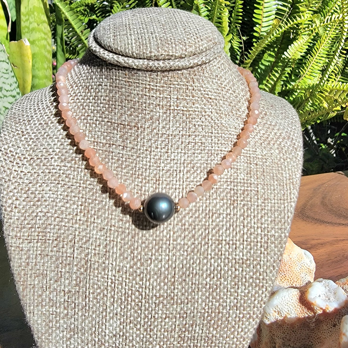 Tahitian Pearl Necklace Choker with genuine sunstone gemstone crystals, black south sea pearl