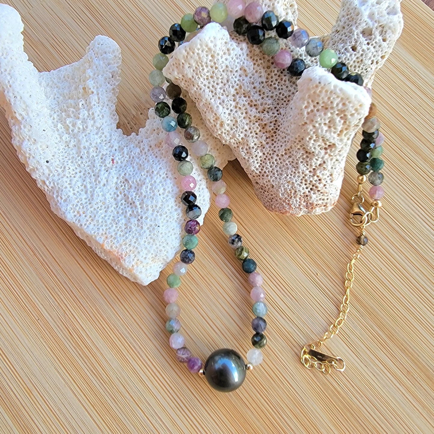 Tahitian Pearl Necklace Choker with genuine tourmaline gemstone crystals, black south sea pearl