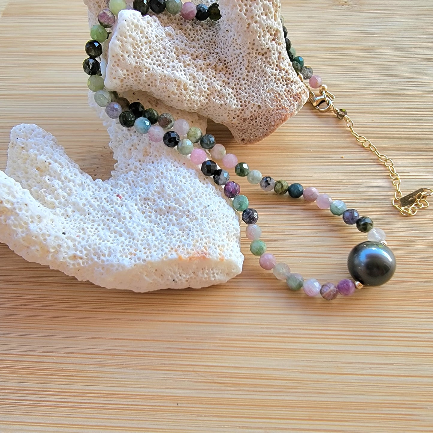 Tahitian Pearl Necklace Choker with genuine tourmaline gemstone crystals, black south sea pearl