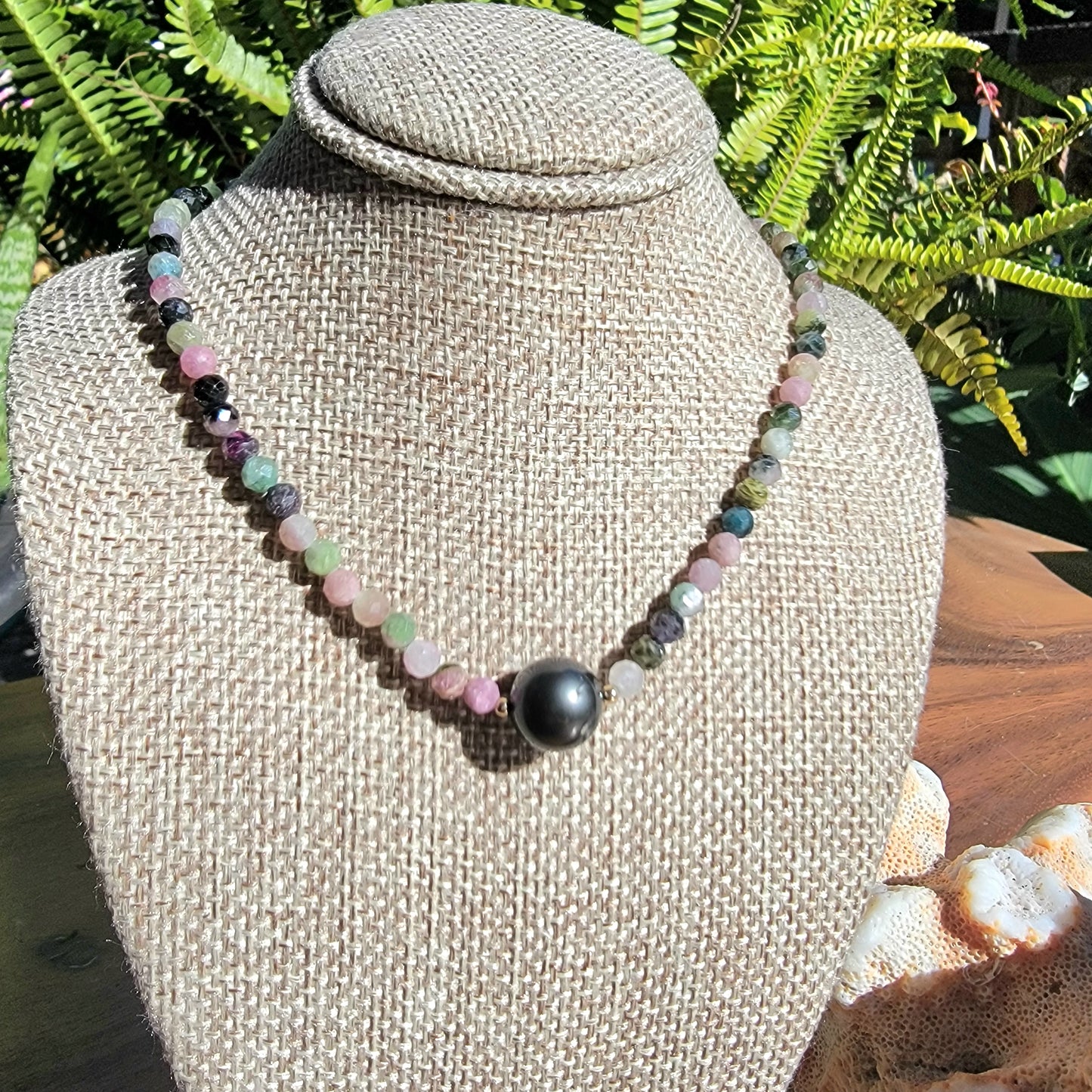 Tahitian Pearl Necklace Choker with genuine tourmaline gemstone crystals, black south sea pearl
