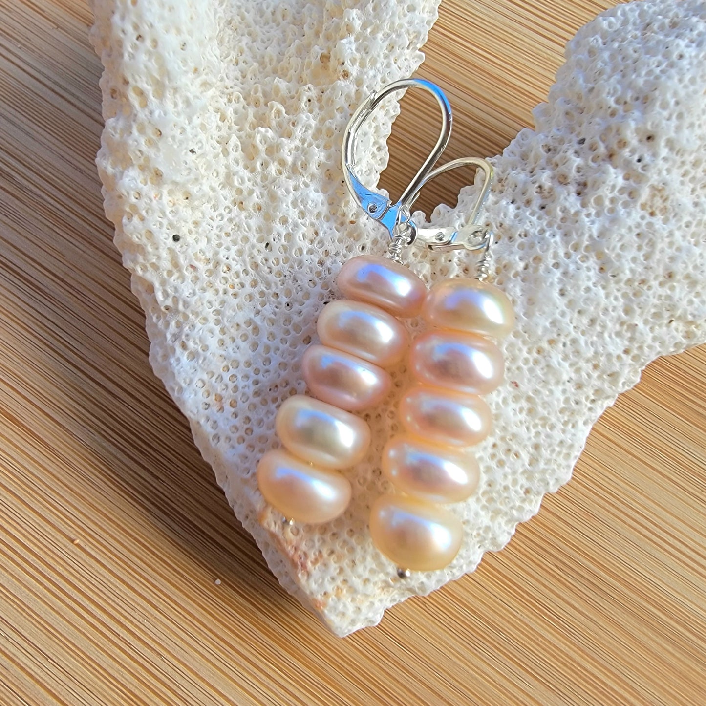 Peach Pink Pearl Earrings Real Freshwater Pearl Dangle Silver Handmade Wedding Bridal Jewelry June Birthstone
