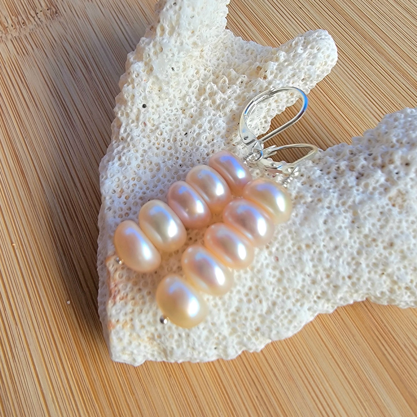 Peach Pink Pearl Earrings Real Freshwater Pearl Dangle Silver Handmade Wedding Bridal Jewelry June Birthstone