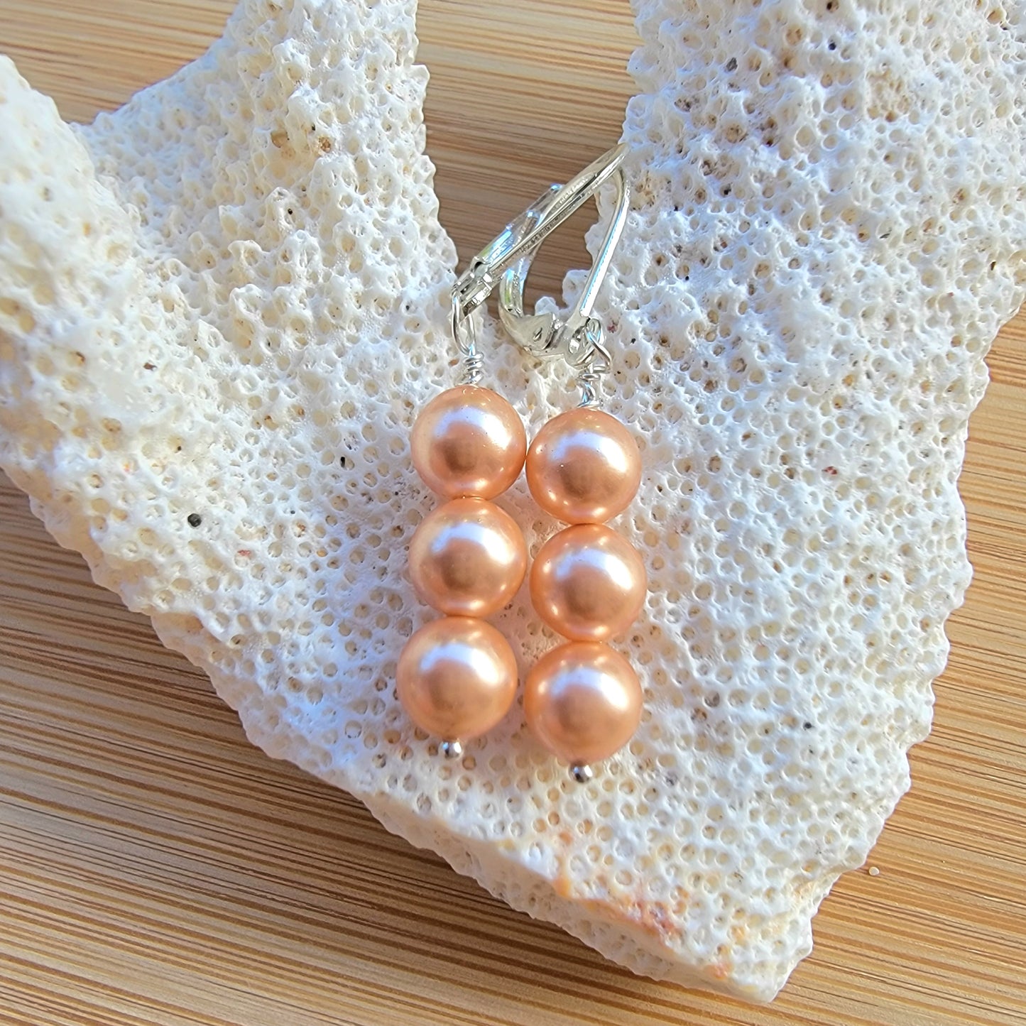 Peach Pearl Earrings Swarovski Drop Dangle Gemstone Boho Jewelry Sterling Silver