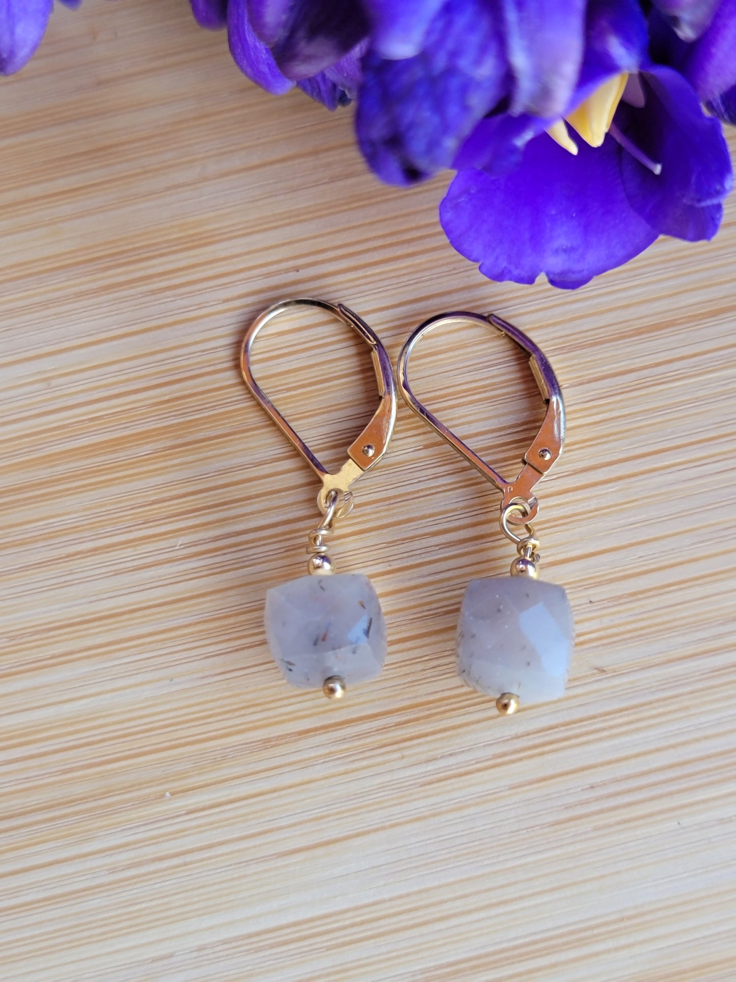 Gray Moonstone Earrings Dangle Drop Gold June Birthstone Handmade