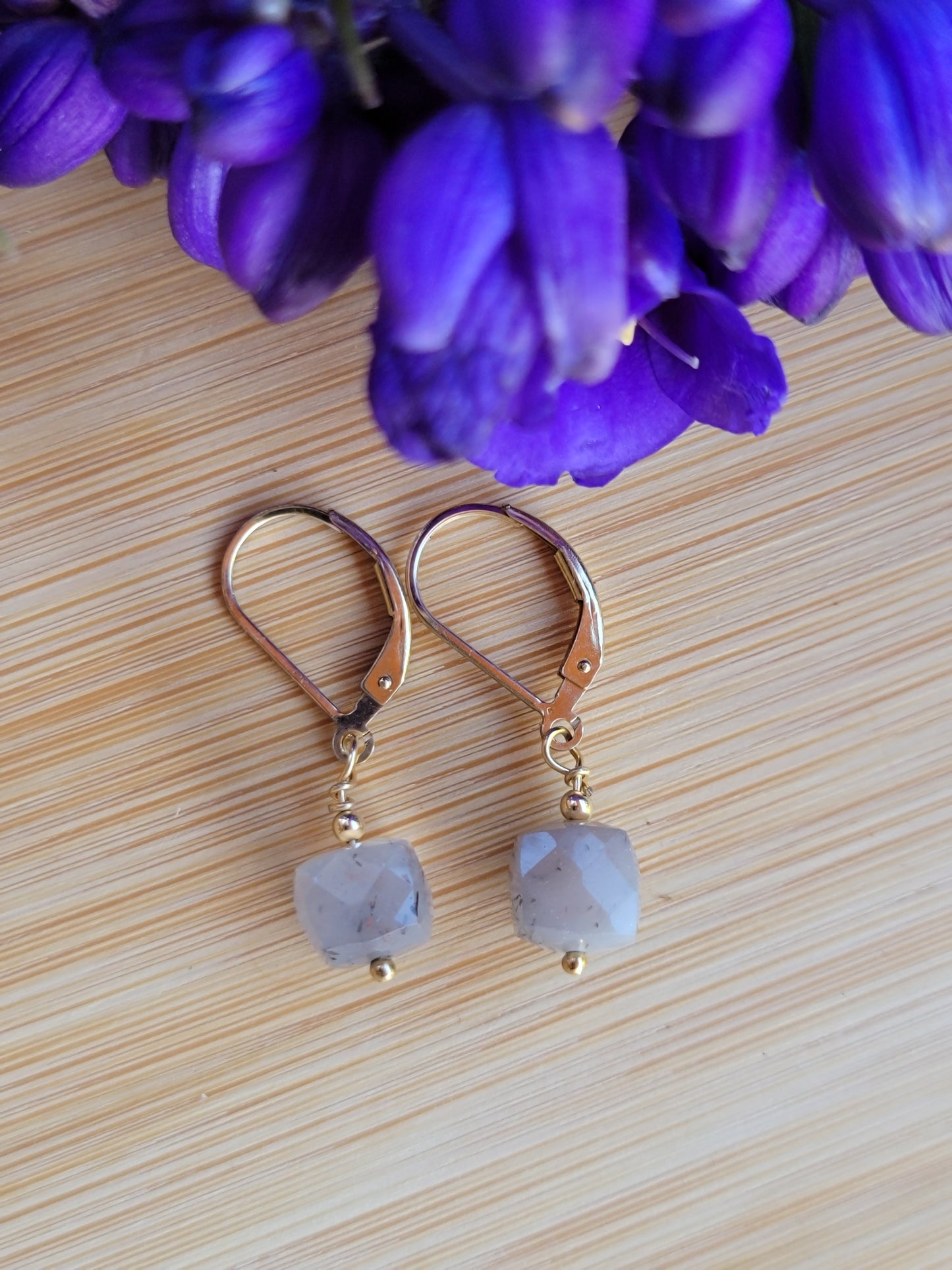 Gray Moonstone Earrings Dangle Drop Gold June Birthstone Handmade