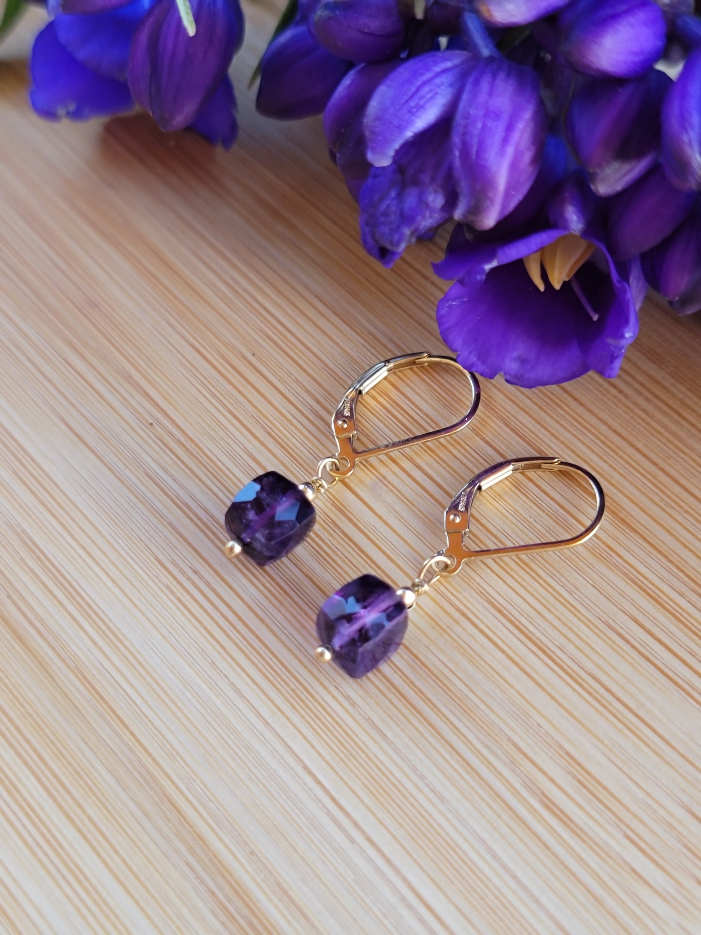 Amethyst Earrings Crystal Gemstone Drop Dangle Gold February Birthstone