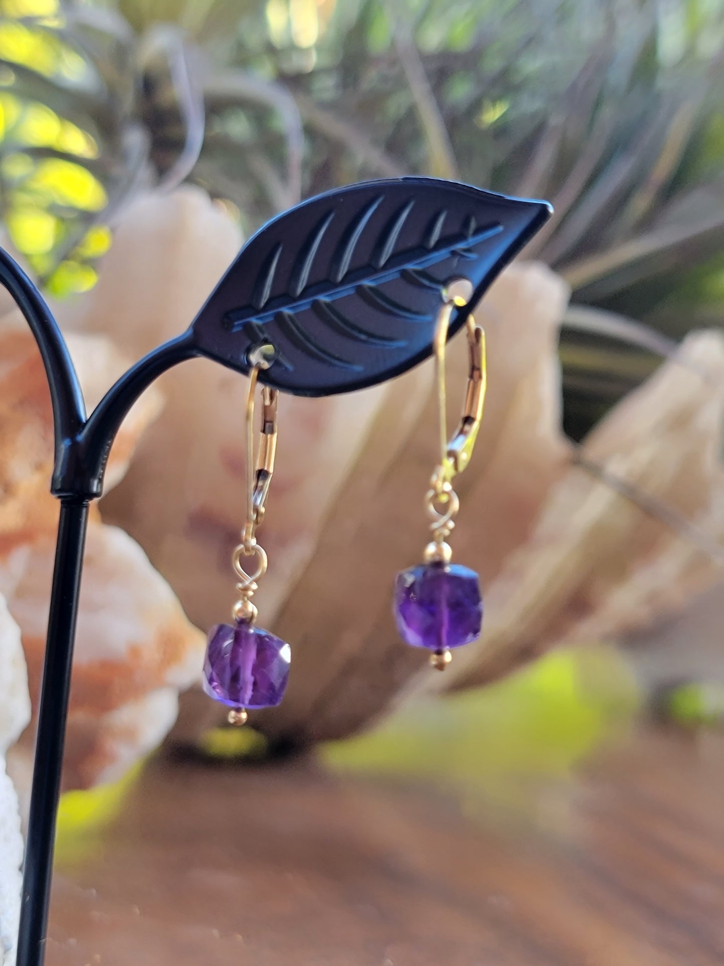Amethyst Earrings Crystal Gemstone Drop Dangle Gold February Birthstone