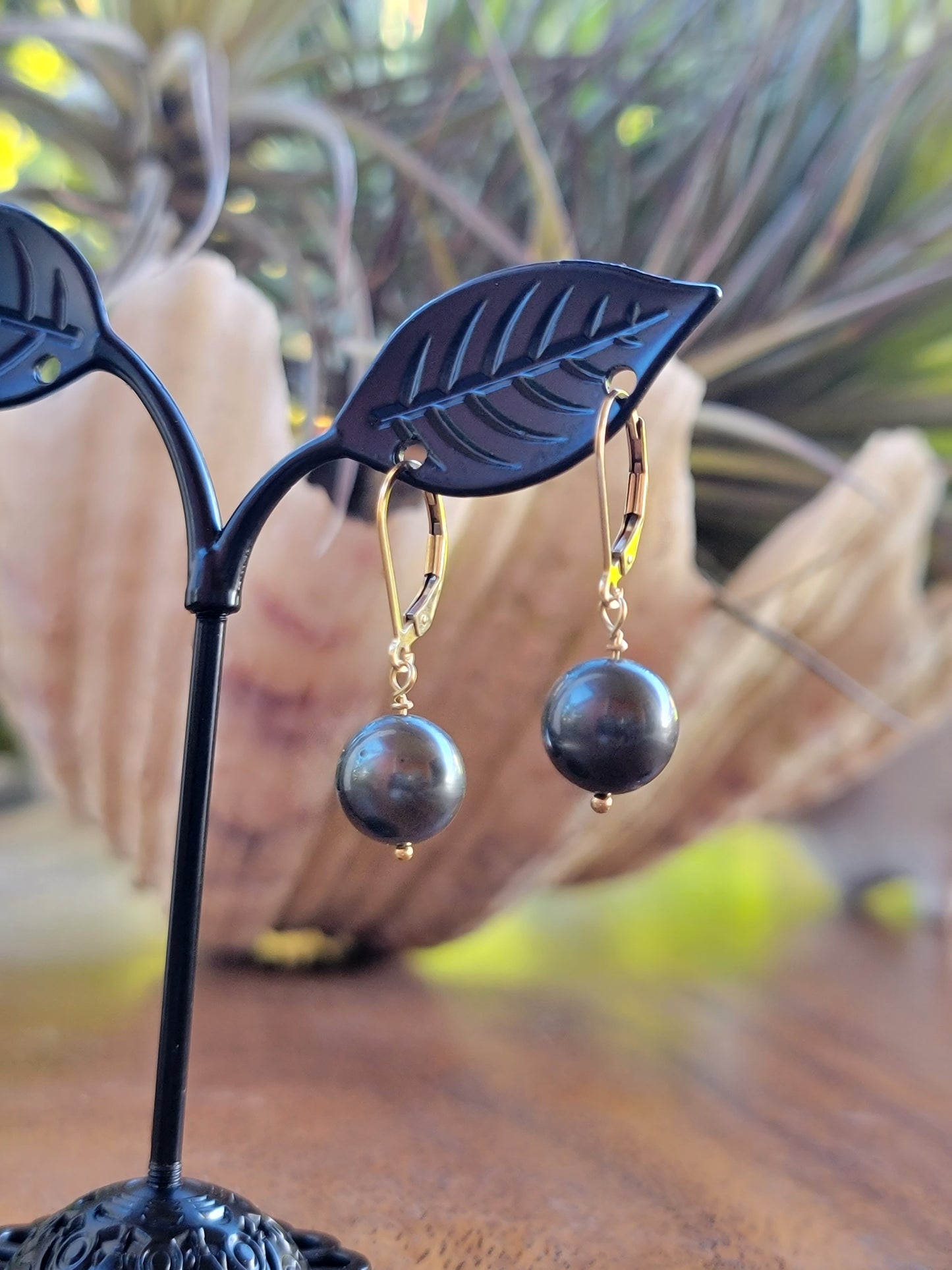 Tahitian Pearl Drop Earrings Gold Black South Sea Pearl Dangle June Birthstone