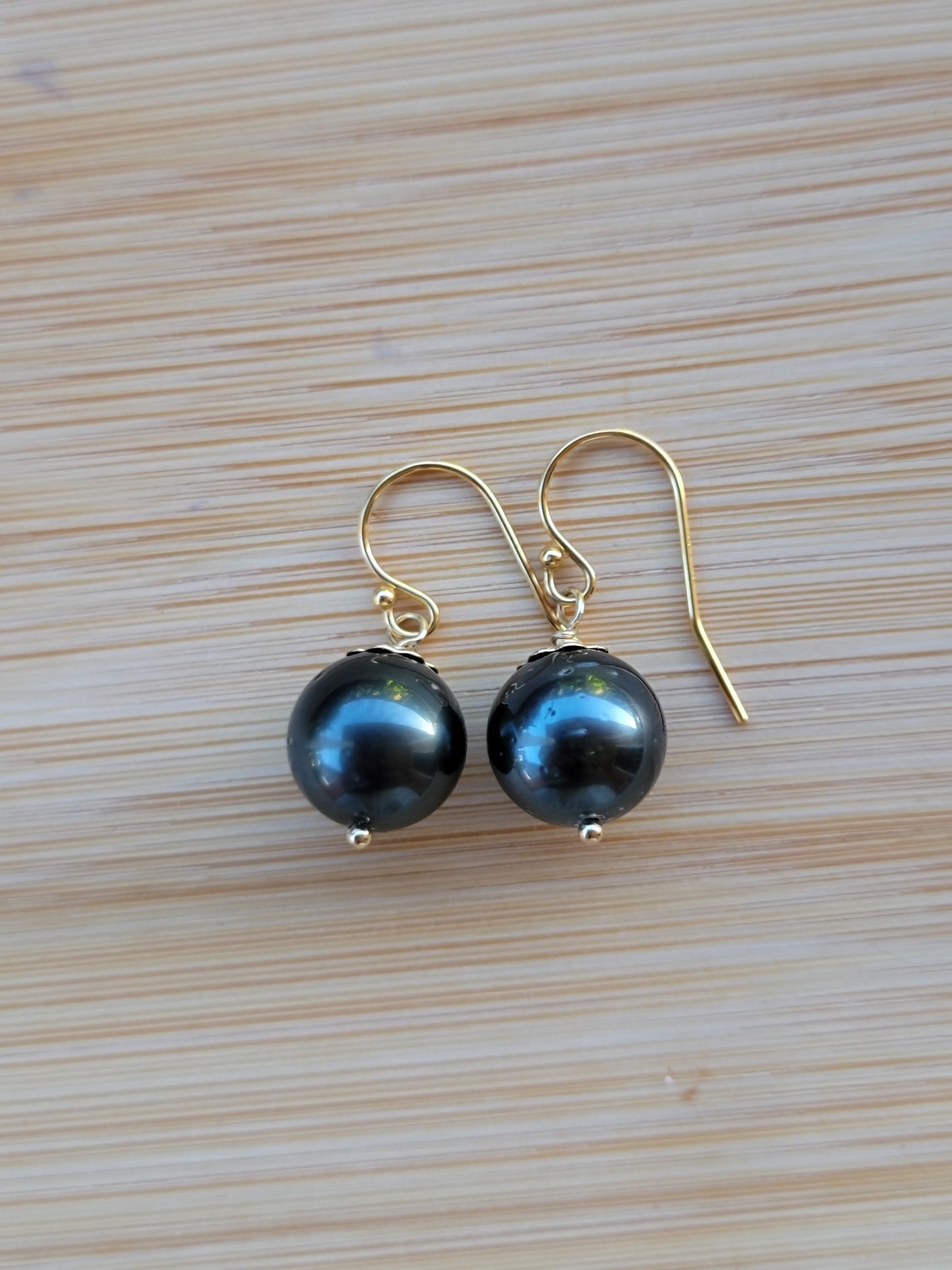 Tahitian Pearl Earrings Dangle Drop Black South Sea Pearl June Birthstone Gold