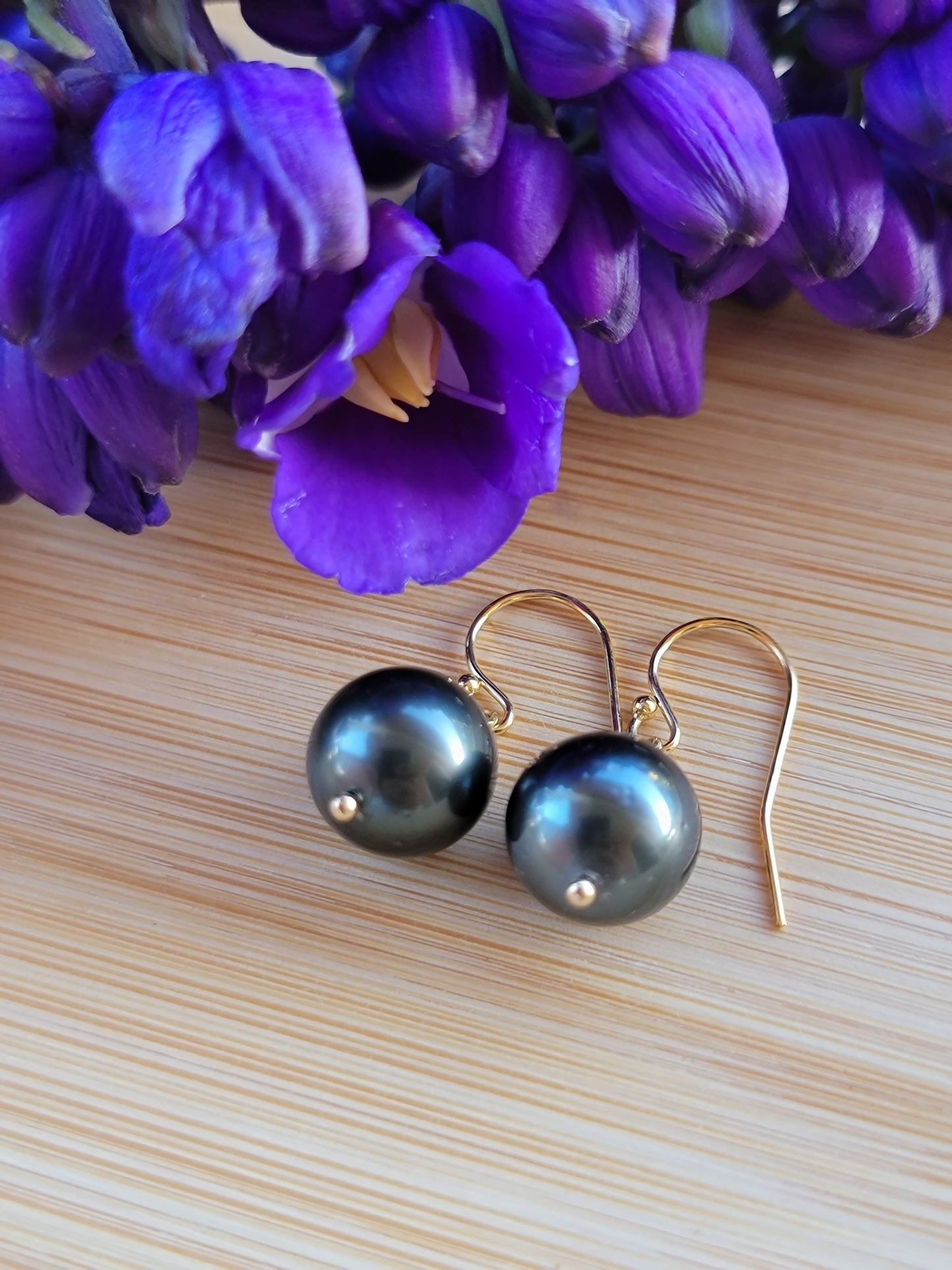 Tahitian Pearl Earrings Dangle Drop Black South Sea Pearl June Birthstone Gold