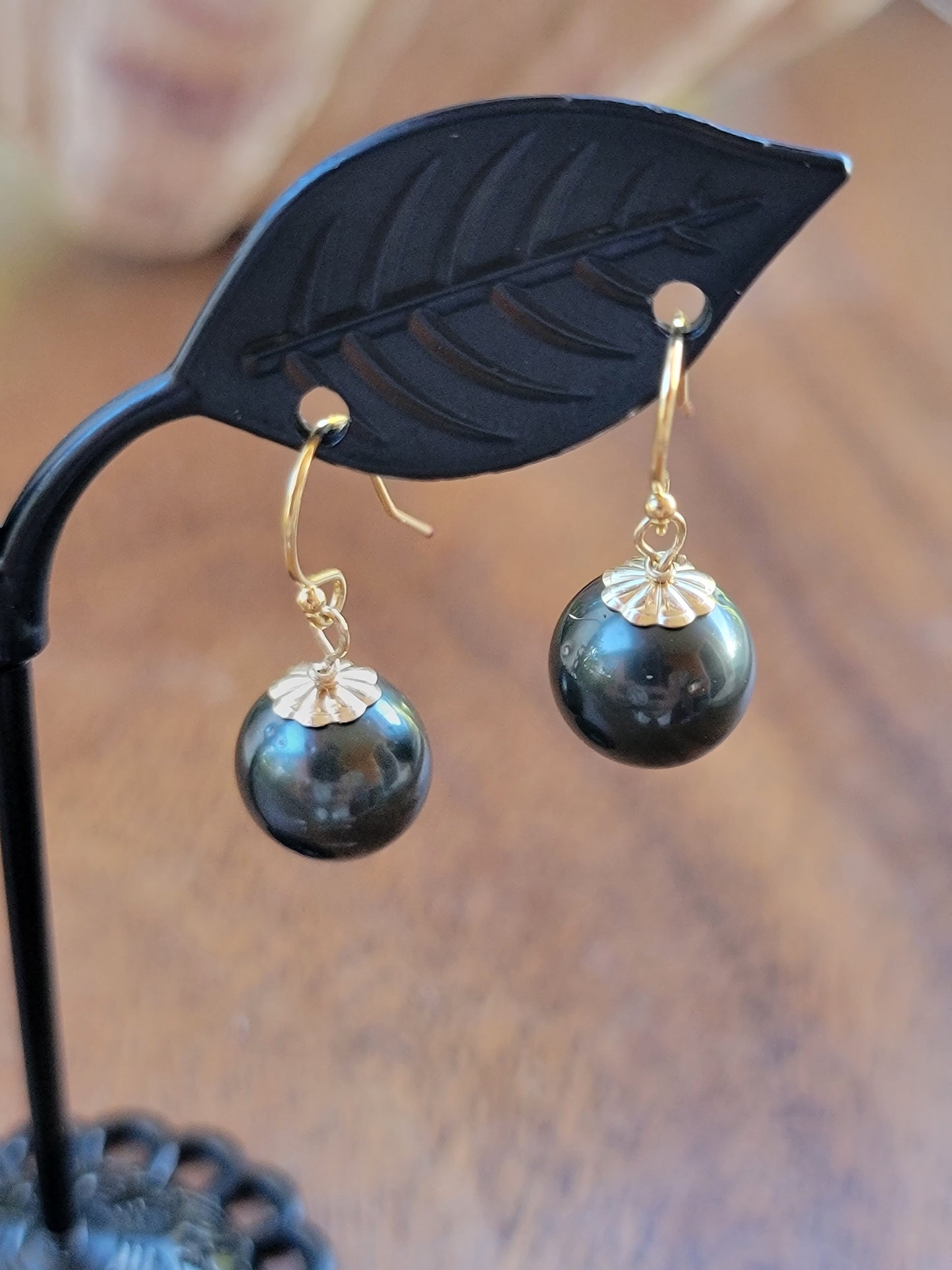 Tahitian Pearl Earrings Dangle Drop Black South Sea Pearl June Birthstone Gold