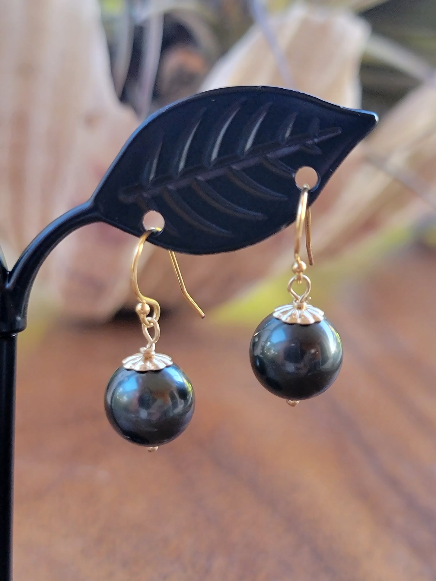 Tahitian Pearl Earrings Dangle Drop Black South Sea Pearl June Birthstone Gold