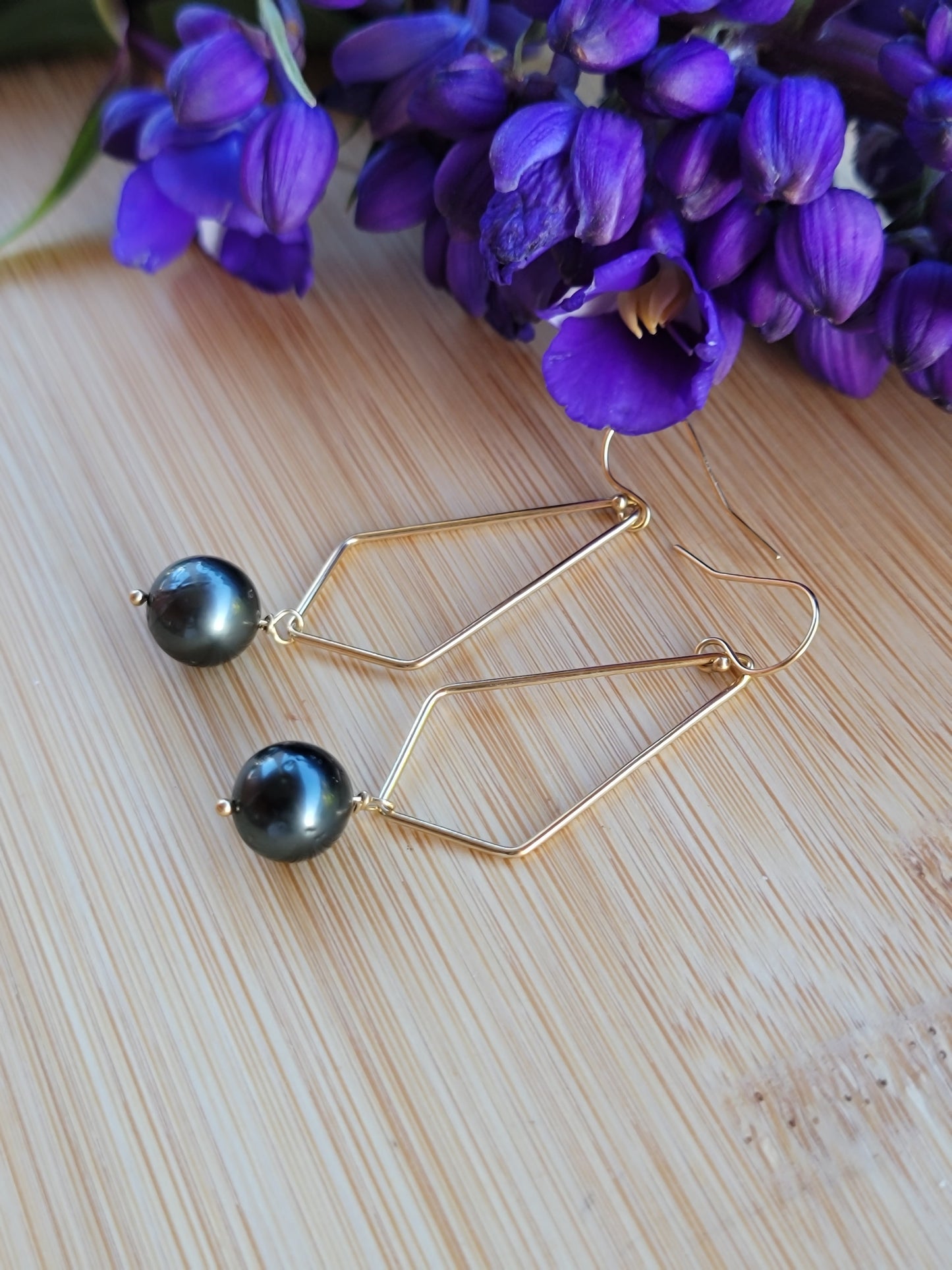 Tahitian Pearl Drop Earrings Gold Dangle Black South Sea Pearl June Birthstone