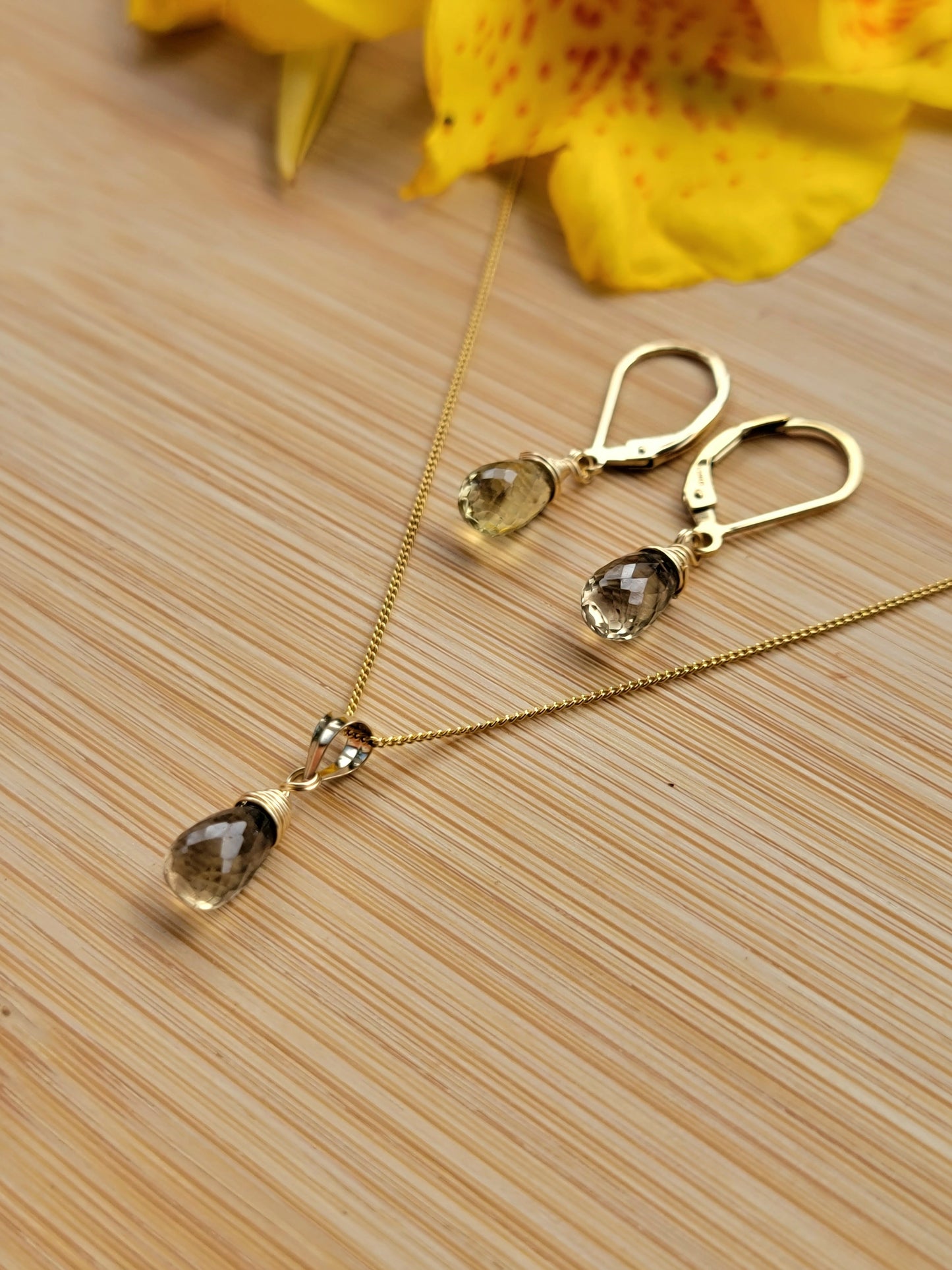 Jewelry Set Bi- Lemon Quartz Crystal Gemstone Earrings and Necklace set 14k gold filled genuine precious stones
