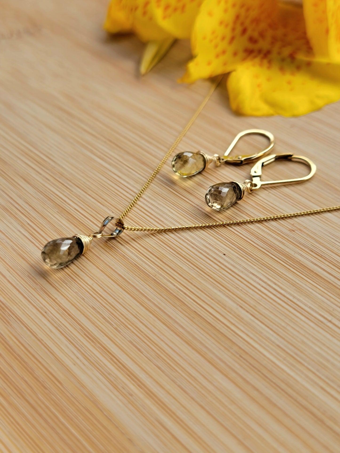 Jewelry Set Bi- Lemon Quartz Crystal Gemstone Earrings and Necklace set 14k gold filled genuine precious stones