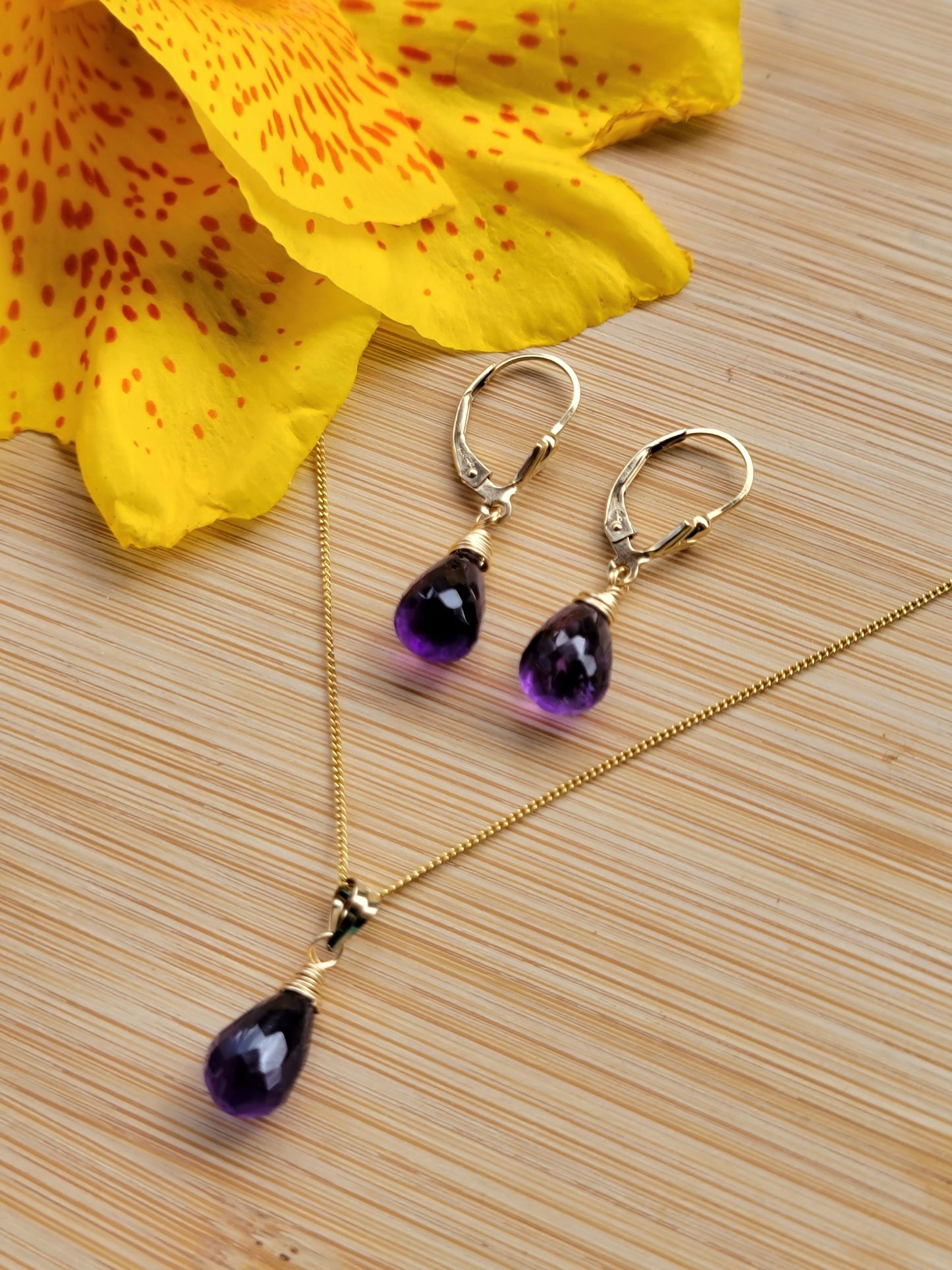 Jewelry Set Amethyst Crystal Gemstone Earrings and Necklace set 14k gold filled genuine precious February Birthstone