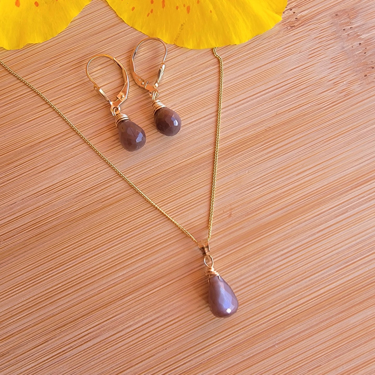 Jewelry Set Chocolate Moonstone Crystal Gemstone Earrings and Necklace gold June Birthstone